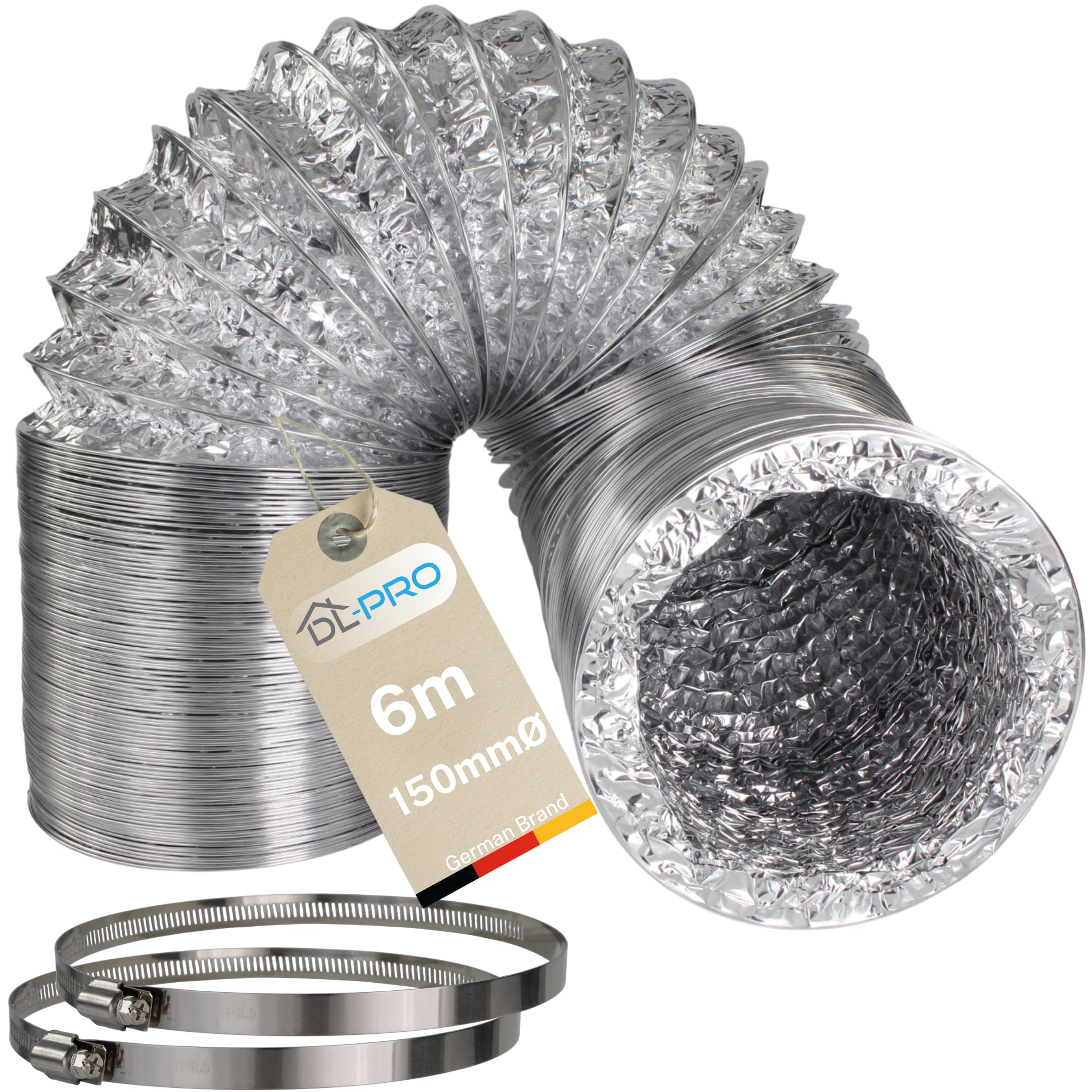 Dl-Pro Silver 6 M Aluminium Exhaust Hose Diameter 150 / 152 Mm Aluminium Hose Exhaust Pipe Ventilation Hose For Air Conditioning Tumble Dryer Cooker Hood With W4 Clamps Diameter 140-160 Mm