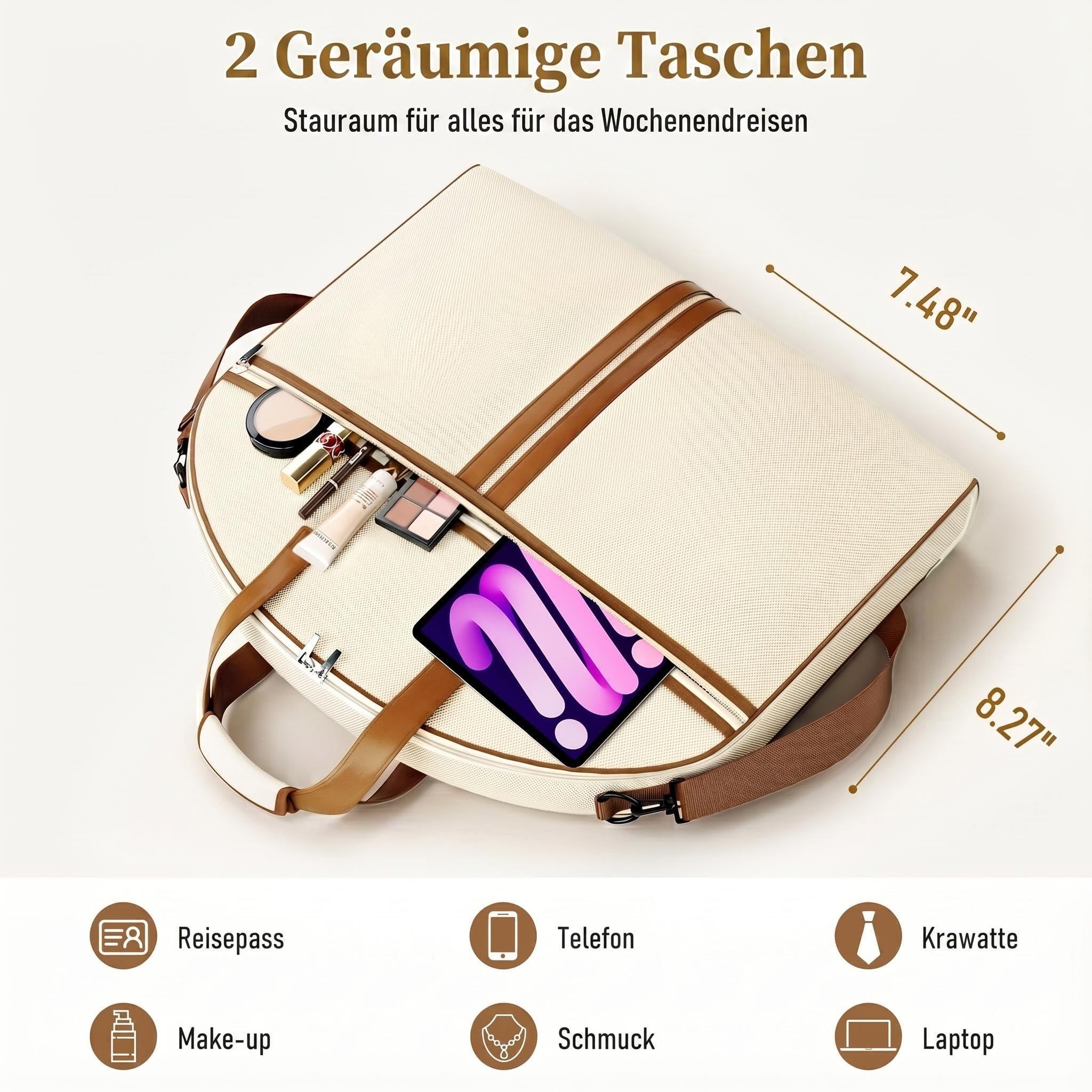 MISSLO Anzugtasche für Damen, 56" Faltbarer Kleidersack Anzug für Reisen mit großen Taschen, Hochwertige Kleiderhülle mit Schultergurt für Geschäftsreisen, Hochzeiten, Kleidung, Beige