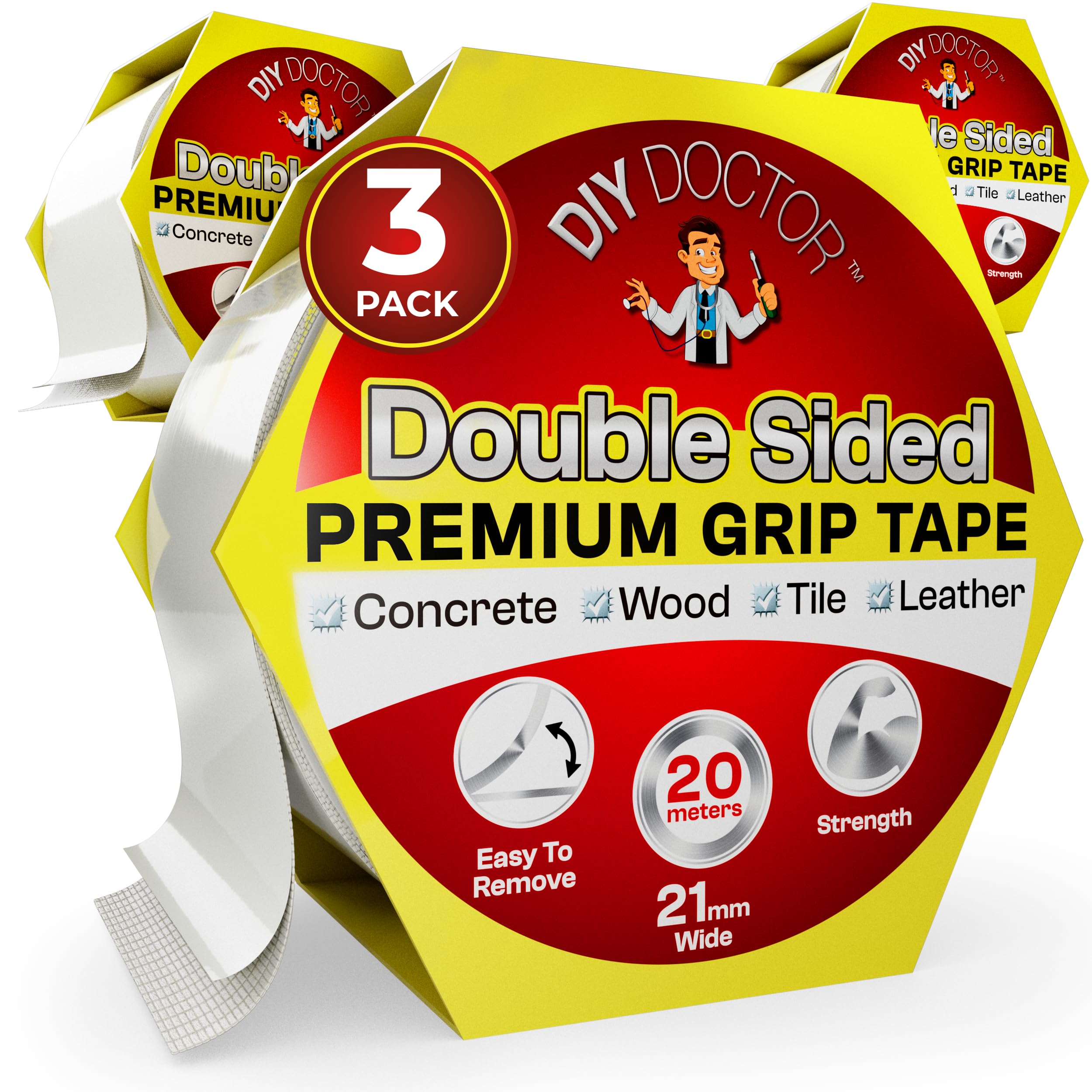 DIY Doctor Double Sided Carpet Tape Heavy Duty, 3 Pack (20 Meters x 21mm), No Residue Extra Strong Sticky Rug Grip Tape, Carpet Grippers for Rugs