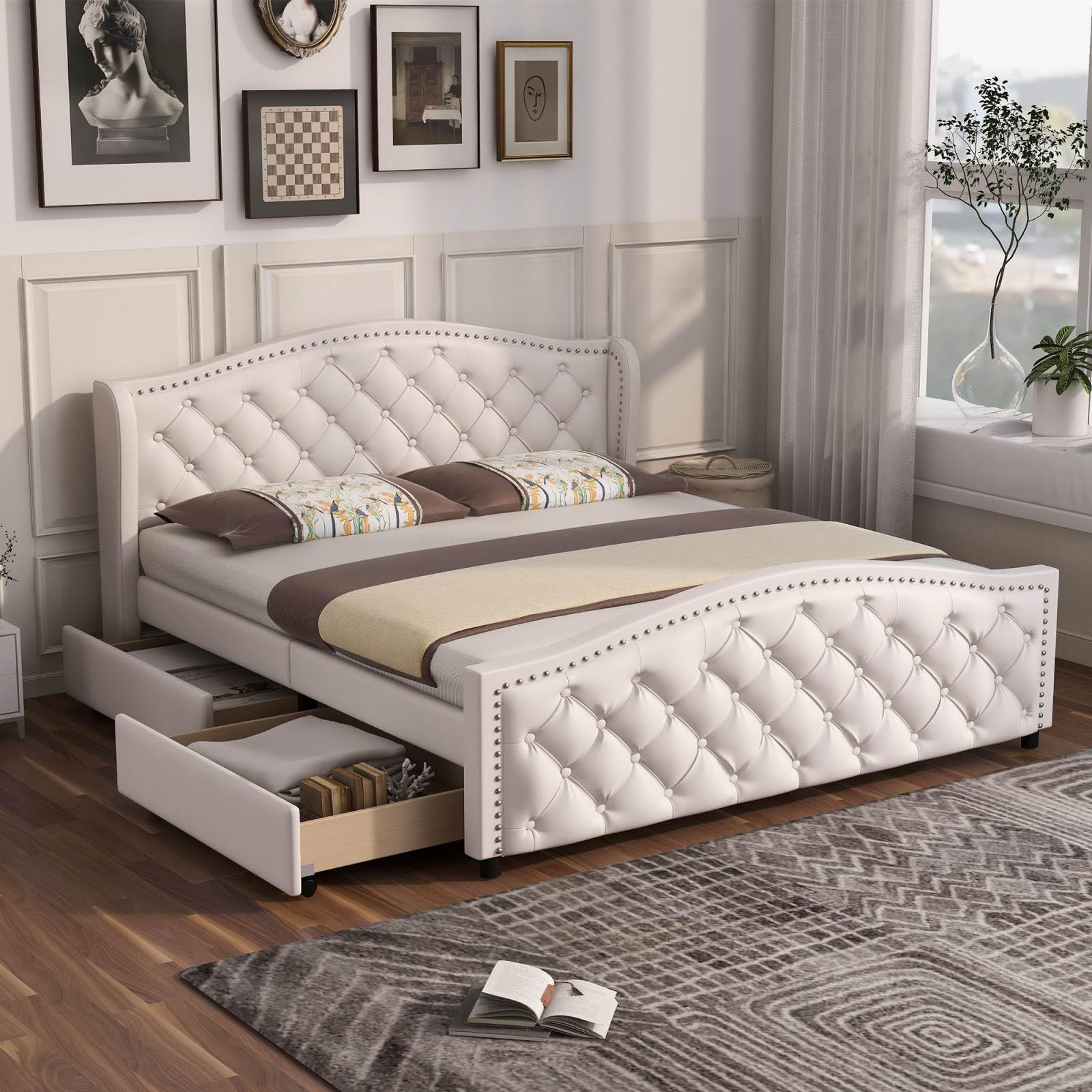 Letto Matrimoniale Imbottito KOMHTOM 160x200 | Con Testiera Chesterfield E 2 Cassetti Contenitori | Struttura In Legno E Similpelle