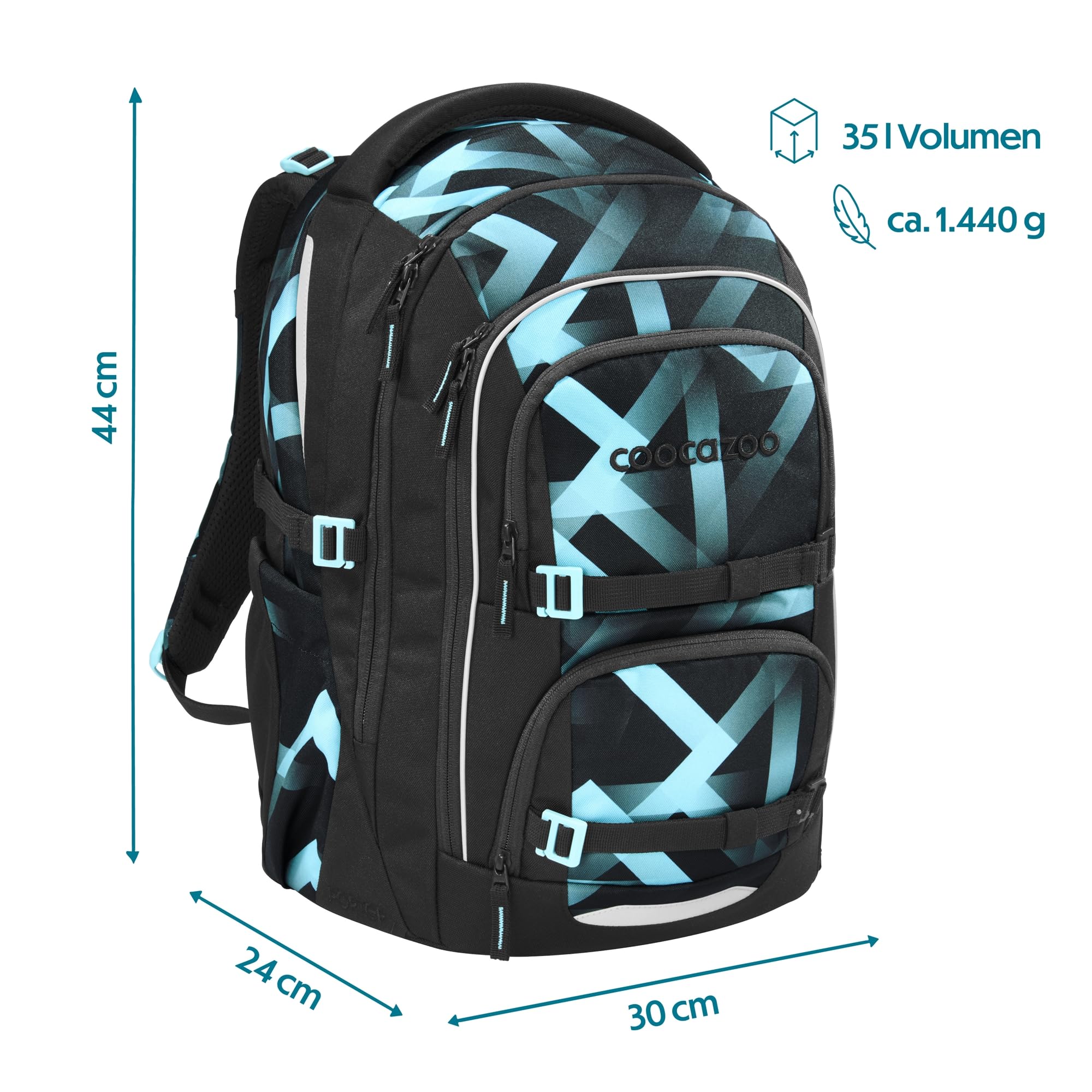 Coocazoo PORTER Schulrucksack „Laser Lights”, schwarz-türkis, ergonomischer & anpassbarer Tornister, höhen- & größenverstellbar, mit Brustgurt & Hüftgurt, ab der 3. Klasse