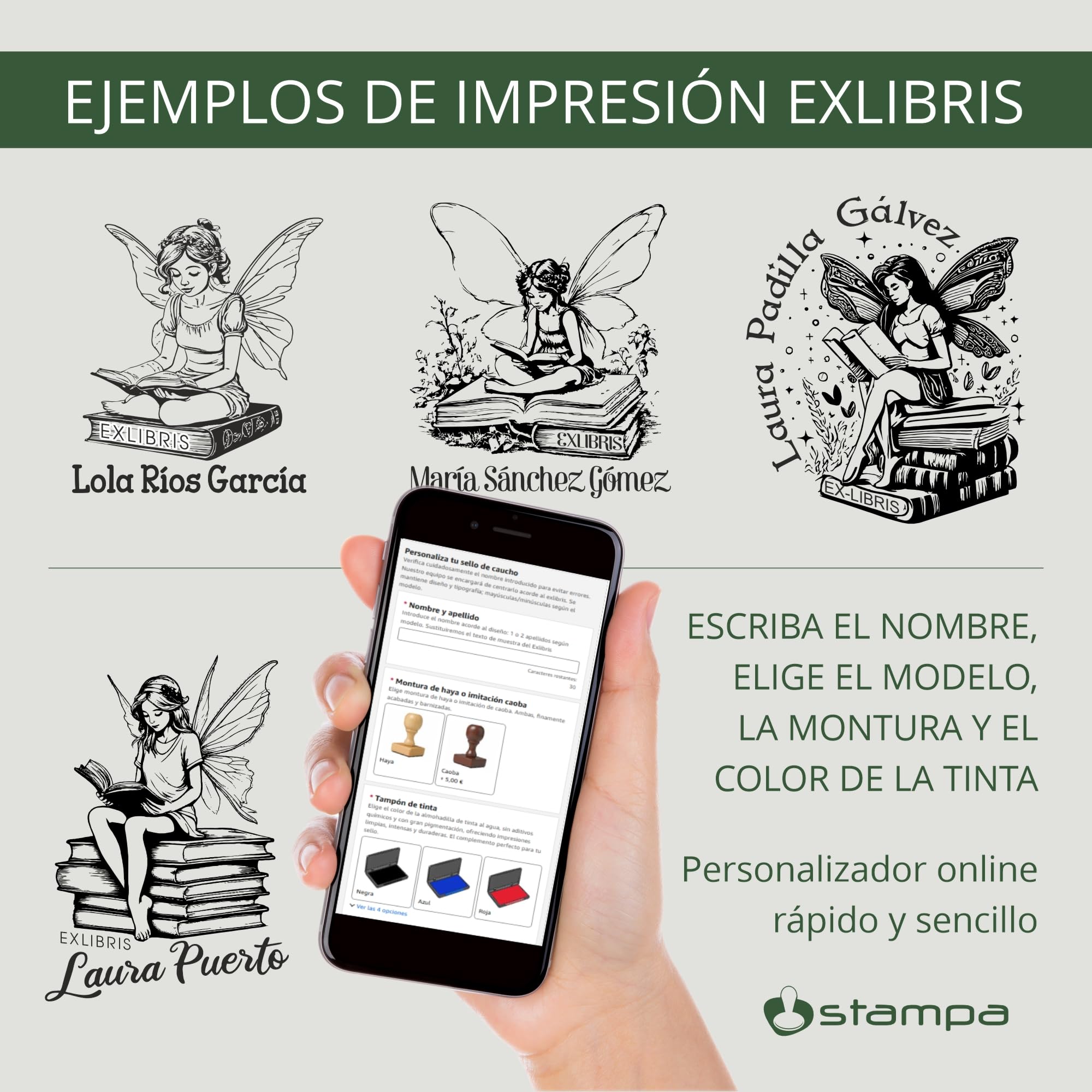 STAMPA | Ex Libris Personalizado Hada Leyendo – Sello para Libros con Nombre | Caucho Grabado Láser + Madera Haya/Caoba | Almohadilla de Tinta Negro/Azul/Rojo/Verde | Caja Regalo