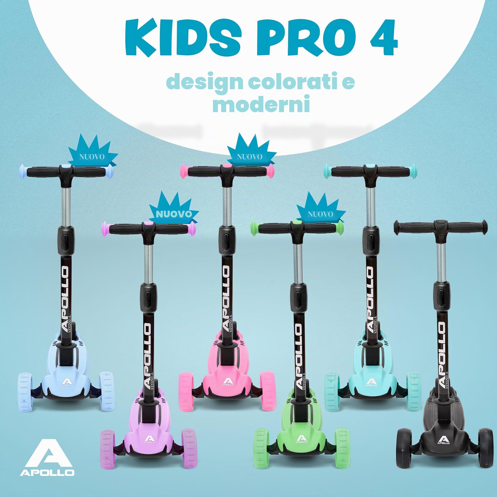 Apollo Monopattino KidsPro 4 | Monopattino Bambino e bambina 3 Ruote | Piegevole e regolabile in Altezza | Monopattino Bambino e bambina 3 anni in su con Ruote LED