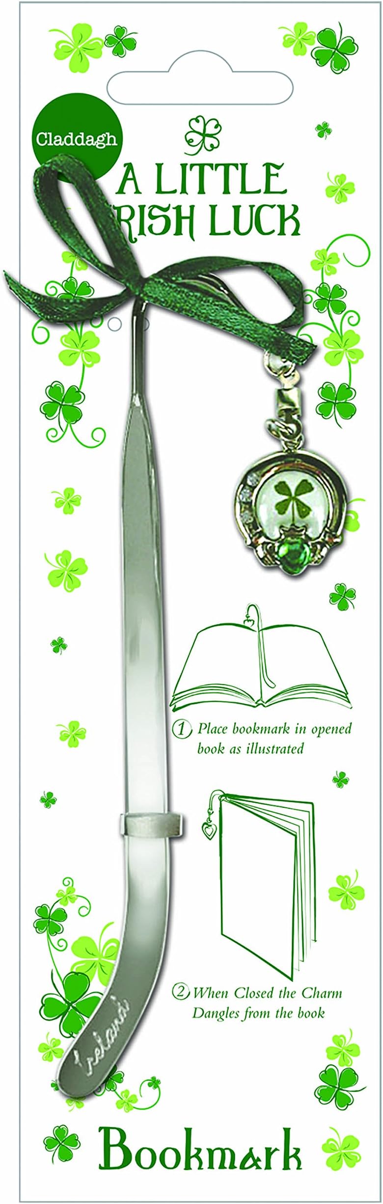 Four Leaf Clover Bookmark with Claddagh Charm