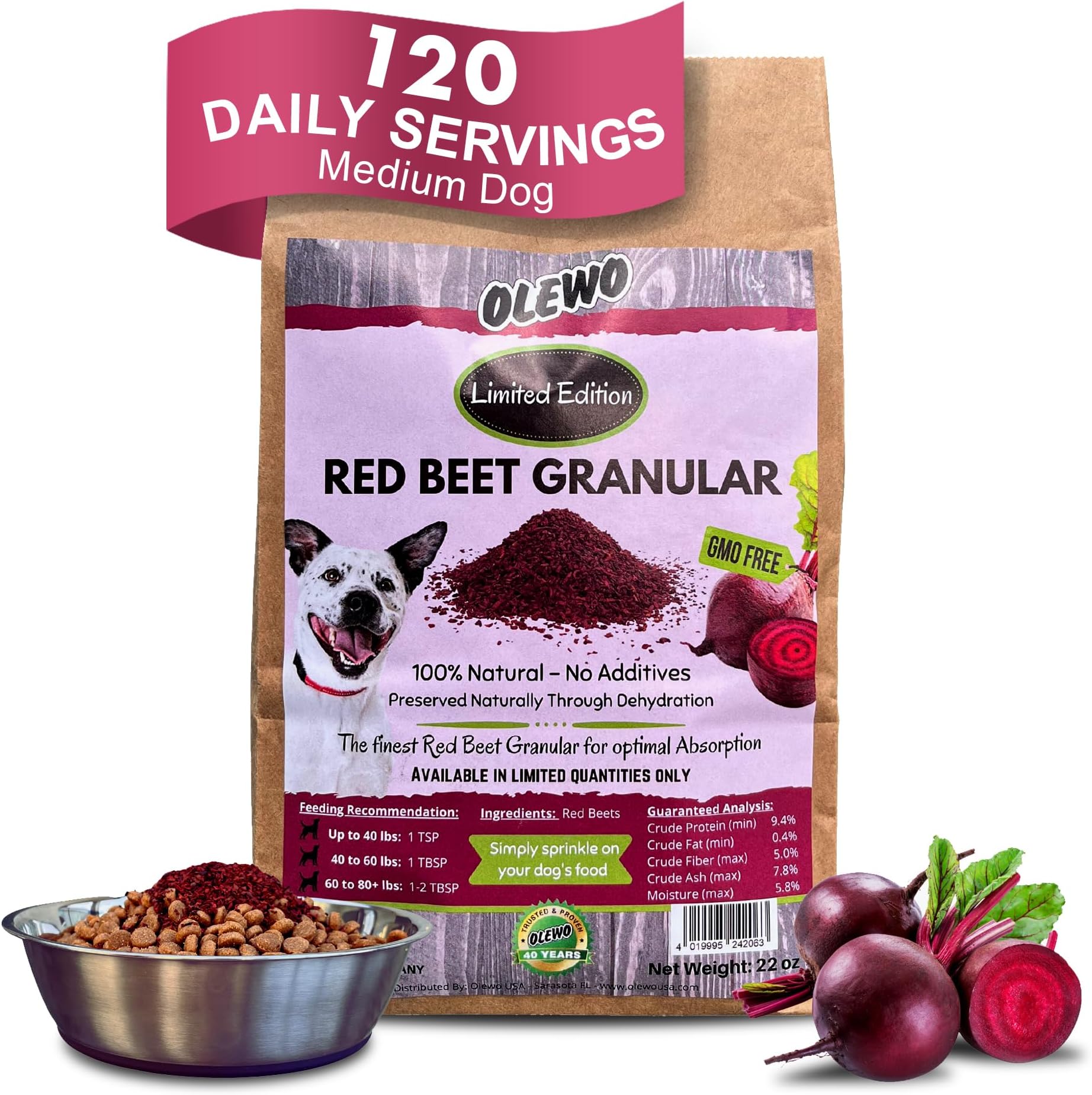 Red Beets for Dogs Granular – Natural Anti Itch Dog Food Topper, Immune, Cleansing, Skin & Coat Support, Dehydrated Whole Food Multivitamin & Fiber, 22 oz