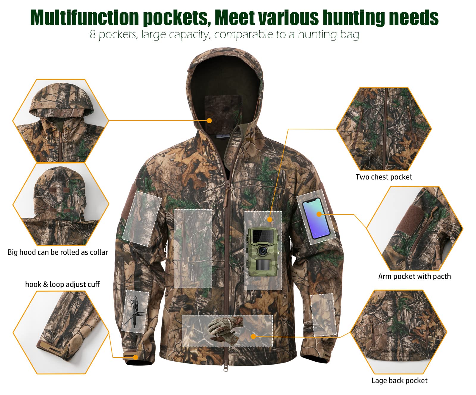 NAVEKULL Stille Jagdkleidung für Herren, Softshell-Outdoor-Wanderjacke, Camouflage, wasserabweisend, Fleece, Kapuzenmantel mit Taschen
