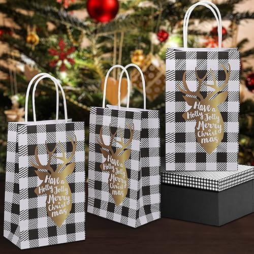 Miniatura 4 de ECOHOLA Bolsas de regalo de Navidad de búfalo blanco y negro, 12 piezas de bolsas de Navidad a cuadros con asas, bolsas de regalos para celebración