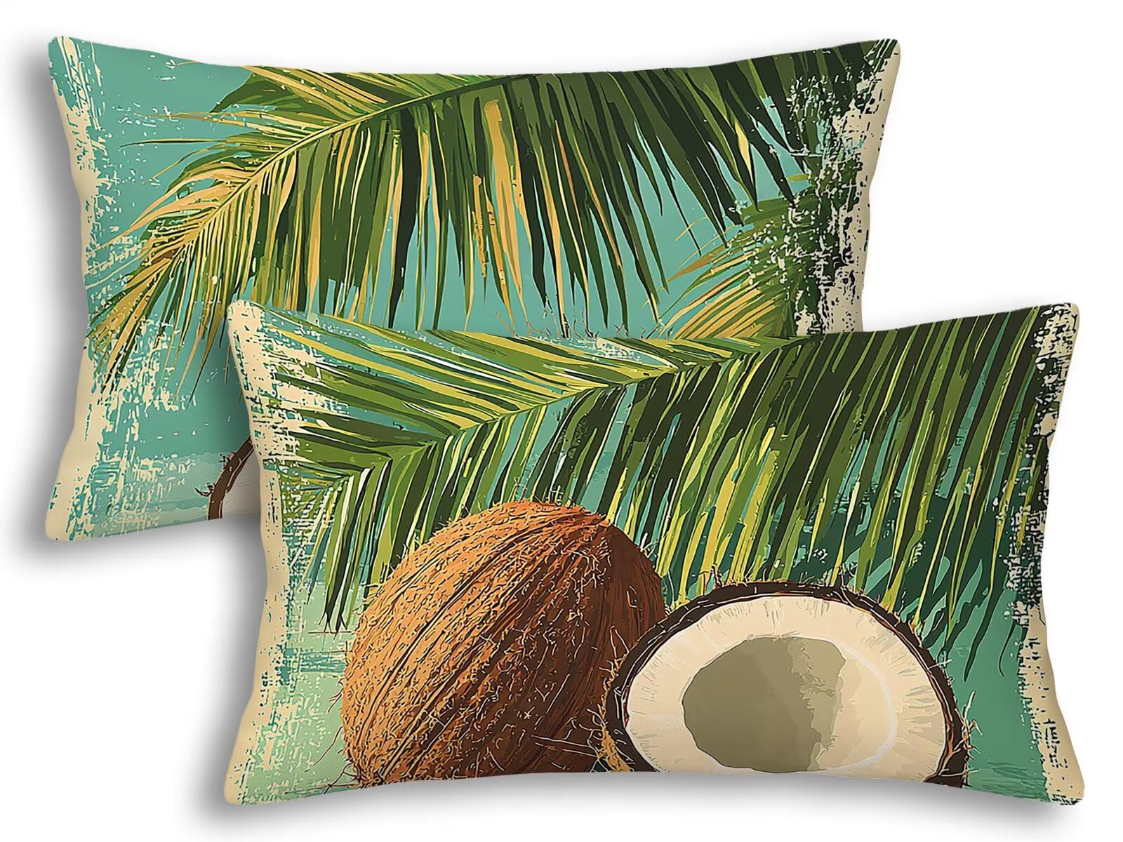 Housse coussin extérieur imperméable 40x80 en lin tropical vert lot de 2 taies haut de gamme