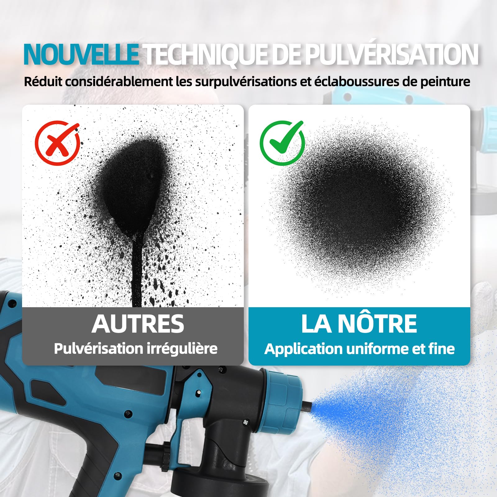 Système de pulvérisation de peinture sans fil avec réservoir de 800 ml et 4 buses, 3 modes de pulvérisation, pistolet à peinture pour murs et clôtures, compatible avec batterie Makita 18 V (sans