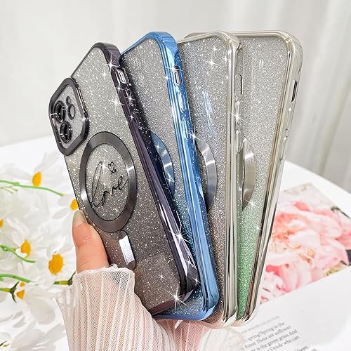 Vista 168 de Fiyart - Funda transparente magnética con purpurina para iPhone 12 para mujeres, con grabado "Love" metálico, protección para cámara y antigolpes