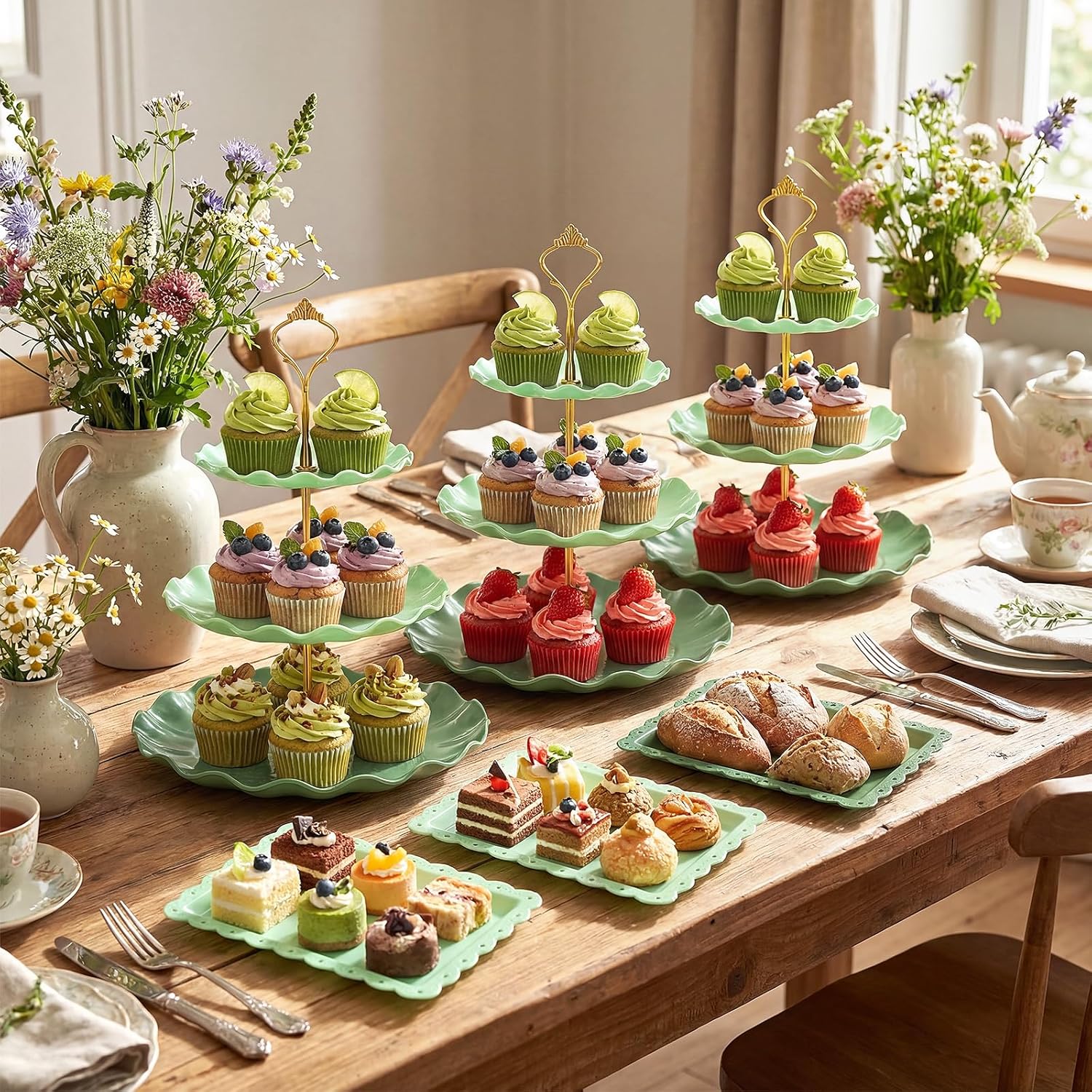 FoldTier 6 Pack Cupcake Stand Set 3 Pcs 3 Tier Gradient Dessert Table Display Stands Cookie Tray Rack 3 X14 in Rectangle Party Trays for Wedding Birthday Tea Party Baby Shower(Green,Round)