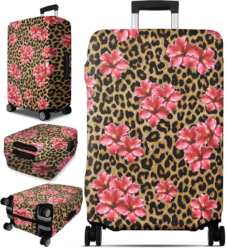 Luggage Cover for Suitcase Tsa Approved Protector - Brown Leopard Pink Flower Luggage Sleeve Large Suit Case Cover Travel Stretch Baggage Case Protective Washable Fit 28-30 Inch