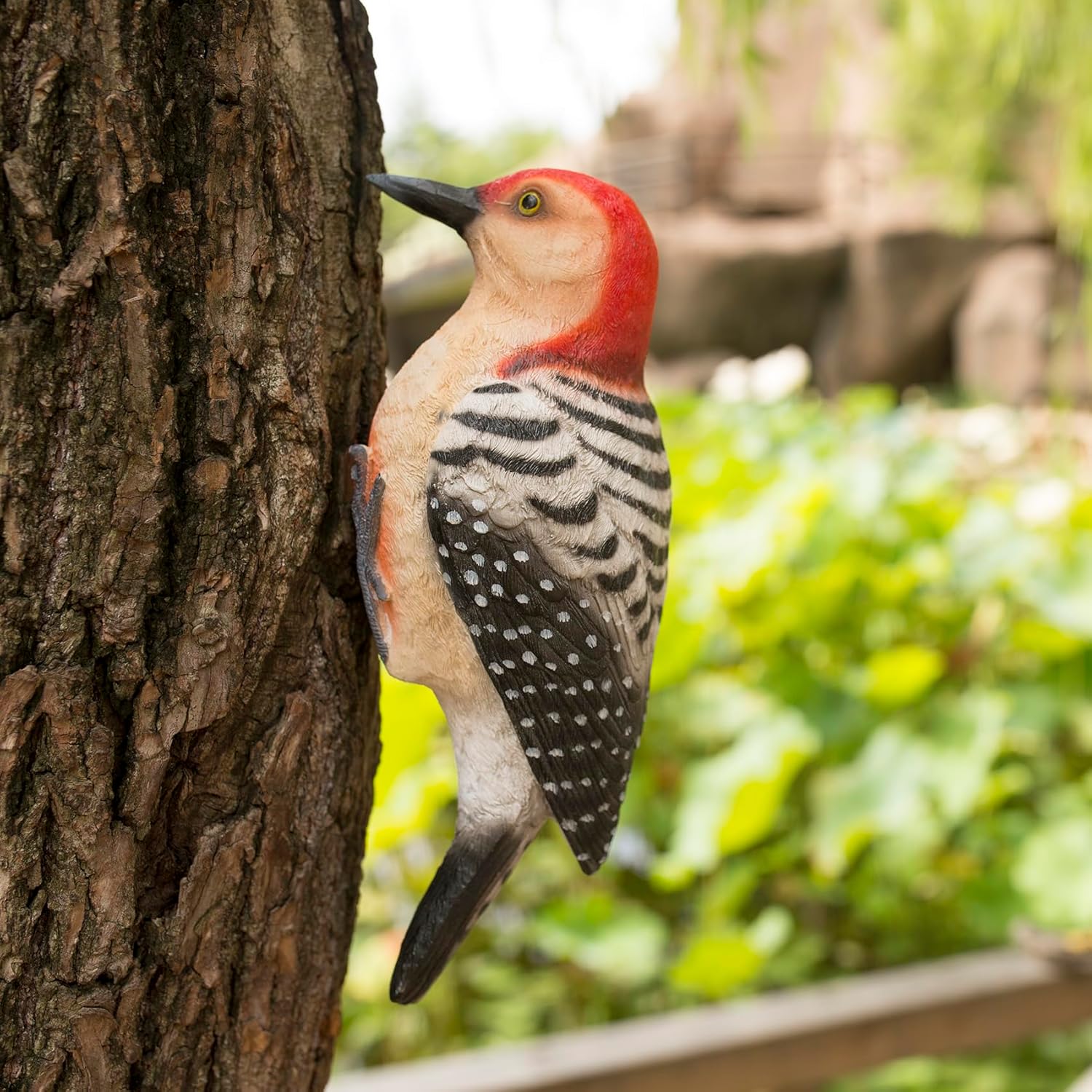 Simulated woodpecker sculpture outdoor resin bird statue, hanging tropical bird, Black-bellied Woodpecker sculpture perfect courtyard decoration, outdoor, courtyard, tree trunk,Large size: 11 inches