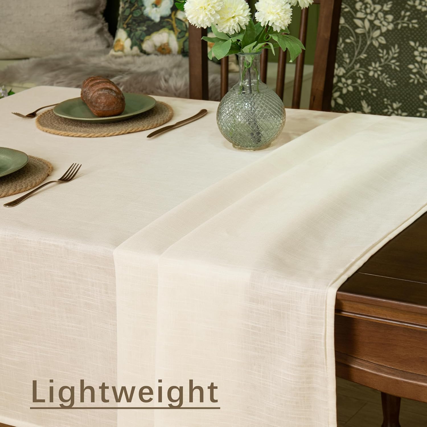 Natural Linen Rectangle Tablecloth, 2 Pack Slubby Textured Fall Lightweight Table Cloth 60 x 84 Inch, Water Resistant Stain Resistant Farmhouse Burlap Table Cover for Kitchen Dining Room, Ivory
