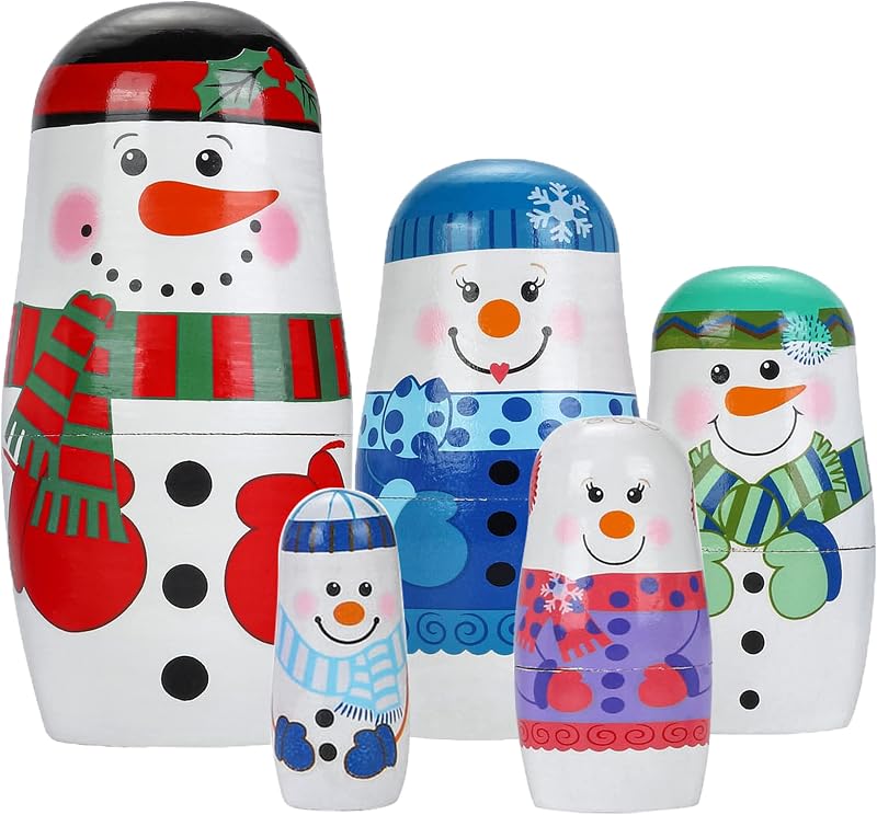 5 muñecas rusas de madera hechas a mano, muñecos de nieve anidados | Muñecas Matryoshka Cumpleaños Regalo de Navidad