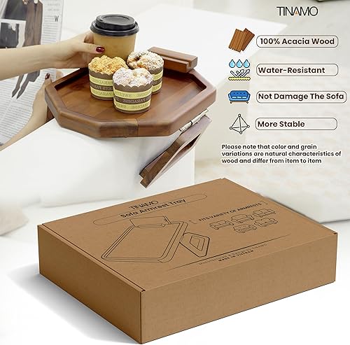 Miniatura 5 de Tinamo Bandeja octogonal de acacia para sofá, mesa con reposabrazos plegables, bandeja de clip con bisagras ajustables para el hogar, sofá, sala de