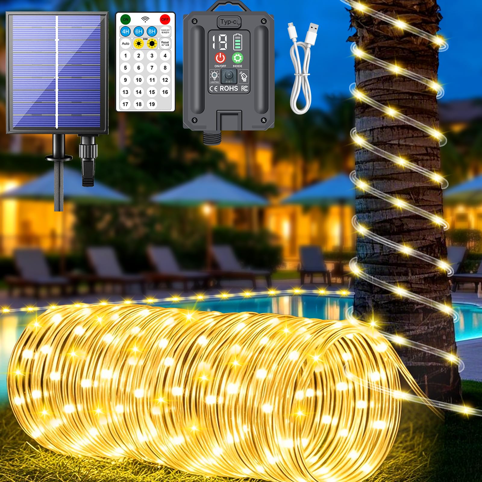 Corda luminosa a energia solare con 500 LED, 51,8 m, 19 modalità, alimentata ad energia solare e ricaricabile tramite USB, impermeabile, con telecomando, dimmerabile, per piscina, cortile, feste