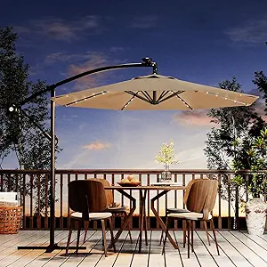 10FT Solar Lights Cantilever Umbrella outdoor patio, Offset Patio Umbrella with Easy Lift & Tilt Adjustment, UV Protection Fade Resistant for Deck, Pool, Garden, Tan