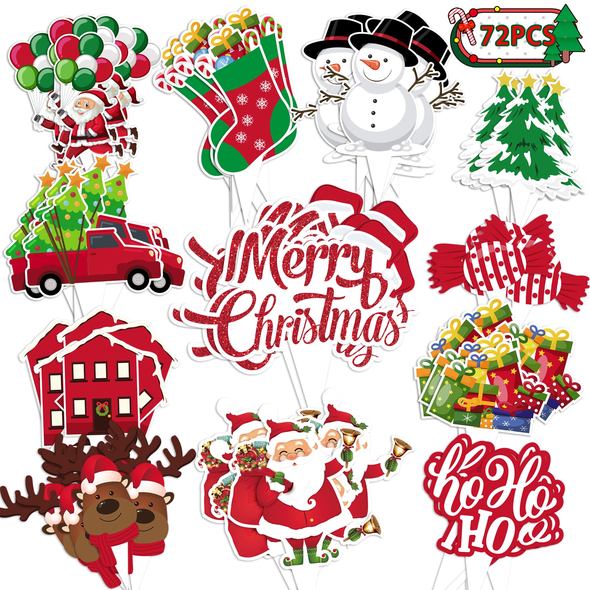 72 Piece Christmas Cupcake Toppers - Merry Xmas Cake Decorations for Parties & Holidays