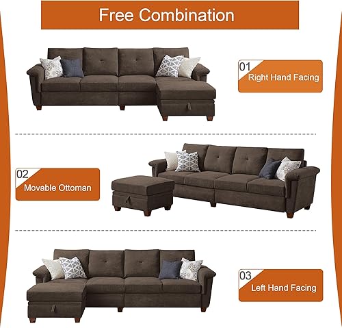 Miniatura 6 de Sofá modular de 108 pulgadas, sofá convertible en forma de L con otomana y gran almacenamiento, sofá modular de 4 asientos con soporte para tazas,