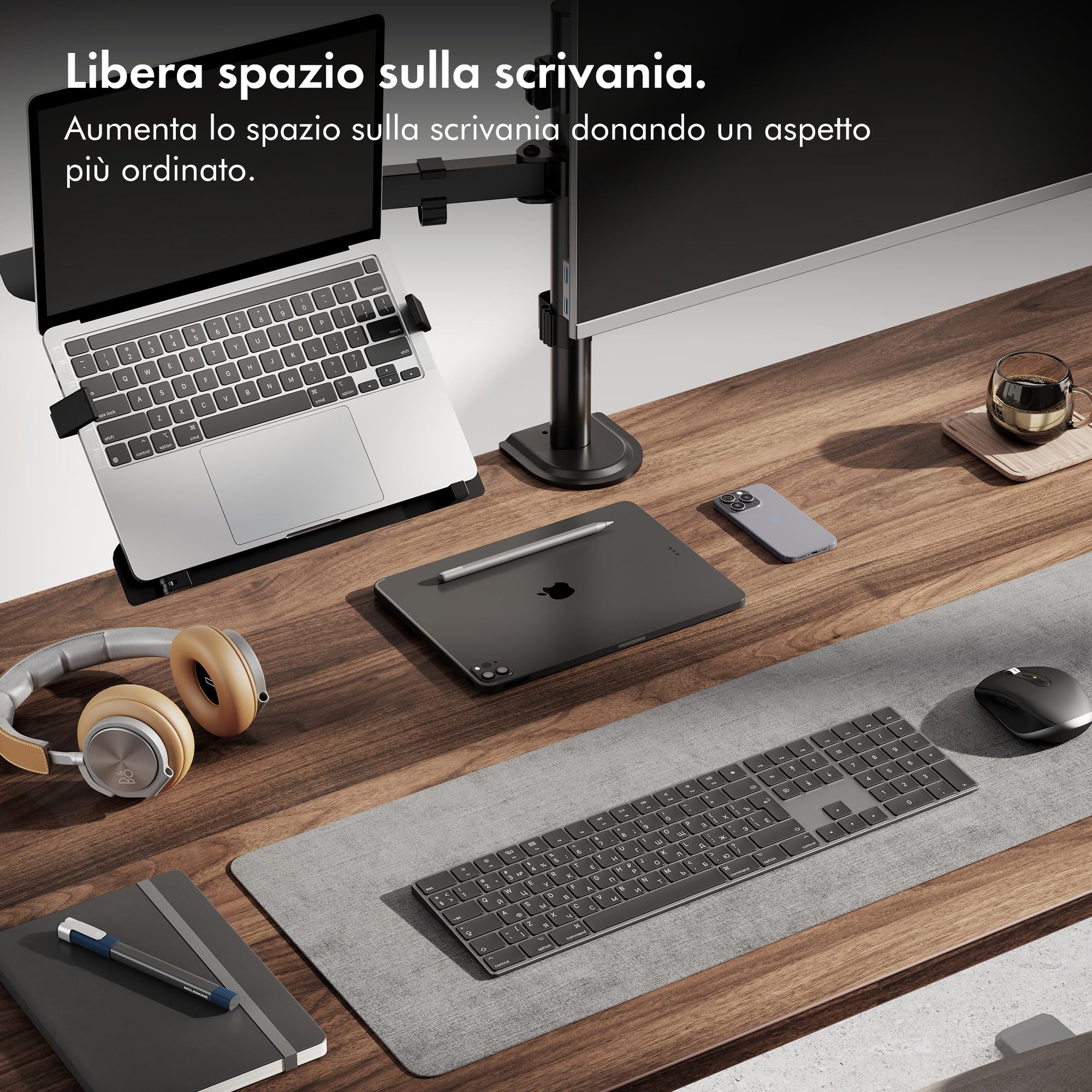 VonHaus Supporto per Monitor e Mensola per Portatile/Tablet - Morsetto per Supporto Doppio - Inclinazione e Rotazione - Gestione dei Cavi