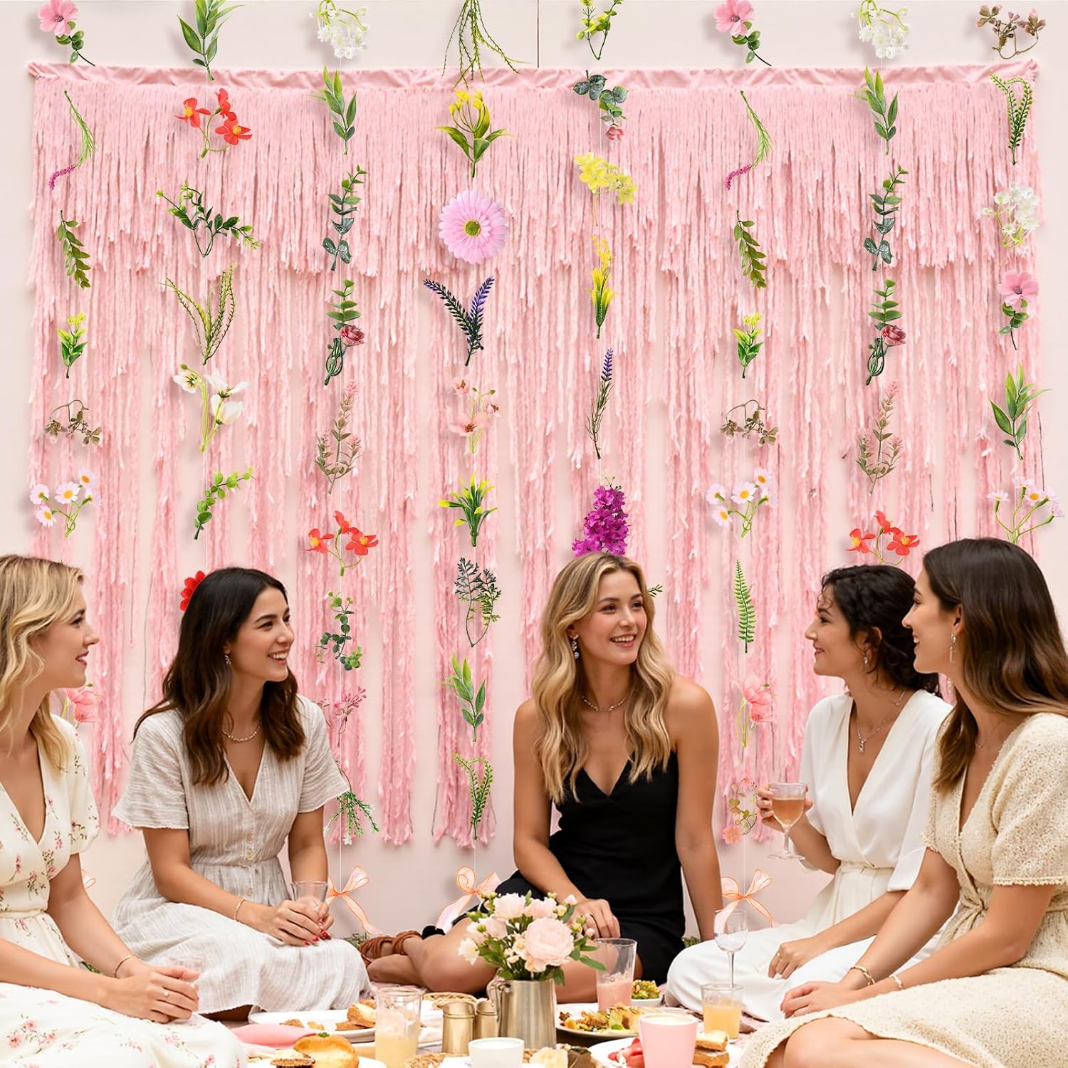 Livole 6Pcs 6Ft Hanging Flower Garland with Bow Wildflower Garlands Backdrop Silk Rose Fake Floral Vines with Hooks for Spring Party Wedding Birthday Anniversary Arch Wall Garden Decor