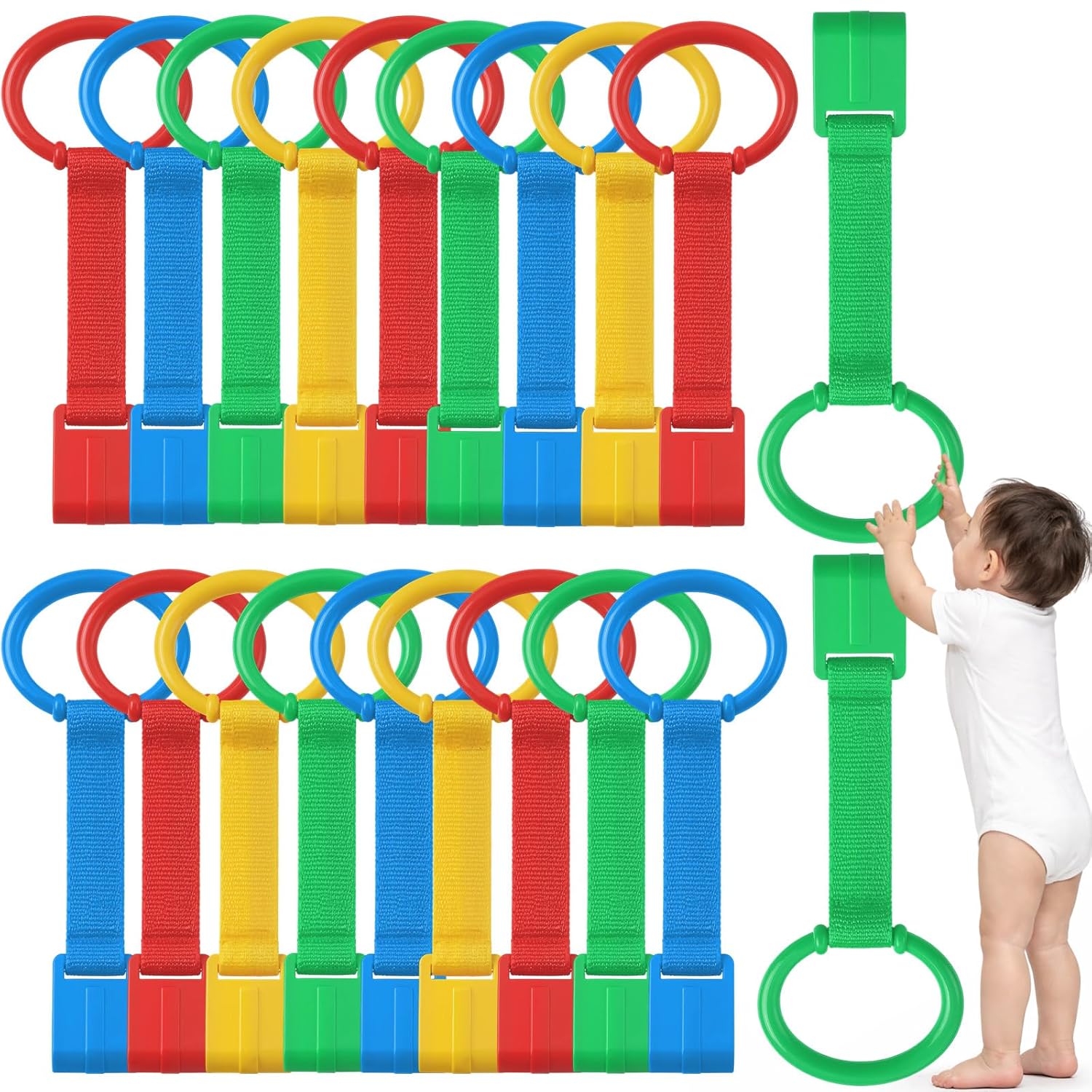 Jerify 20 Pcs Baby Playpen Pull up Rings Baby Crib Pull up Rings Walking Exercises Assistant Accessories Plastic Standing Walking Training Tool Easy to Attach for Infant Toddler, 4 Colors