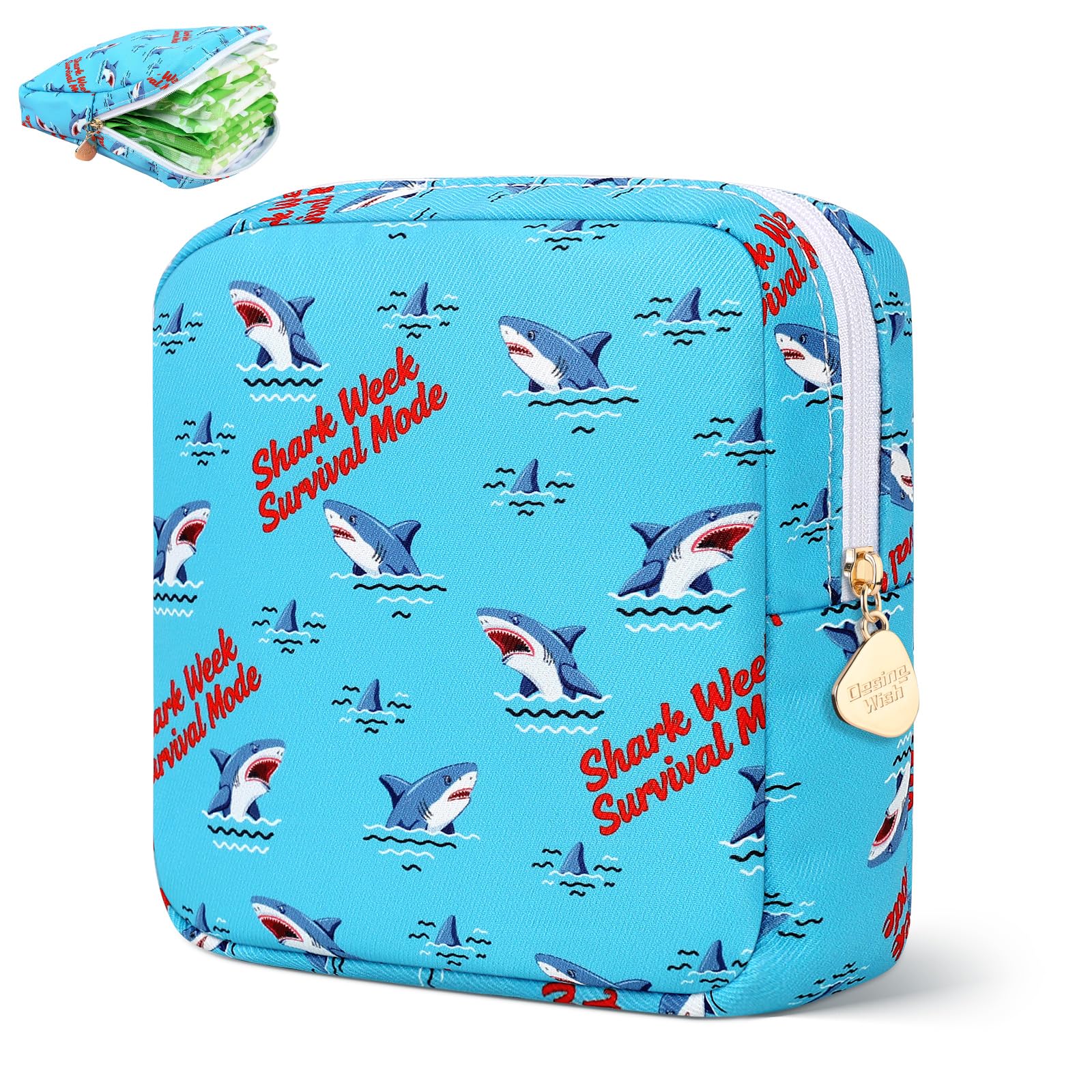 Desing Wish Sanitary Pad Storage Bag Portable Period Bag for Teen Pads/Sanitary Napkins/Small Tampons, Sanitary Napkin Storage Bag First Period Gifts for Teen Girls (Shark Week)