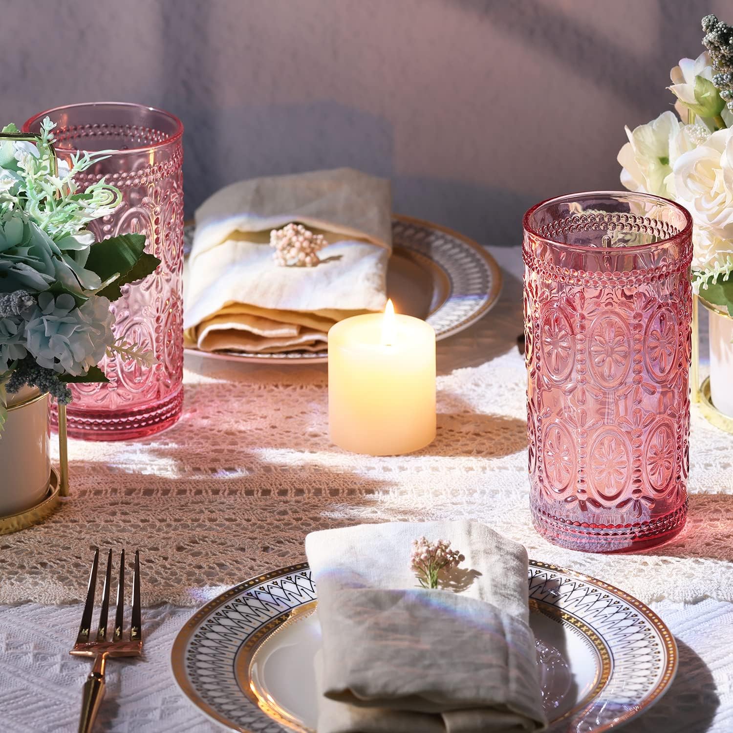 Darlion 6 Pack Pink Glassware Drinking, 12oz Highball Embossed Beverage Glass Cup, Vintage Drinking Glasses, Colored Water Glasses for Party Wedding Home Office and Gift - Image 6