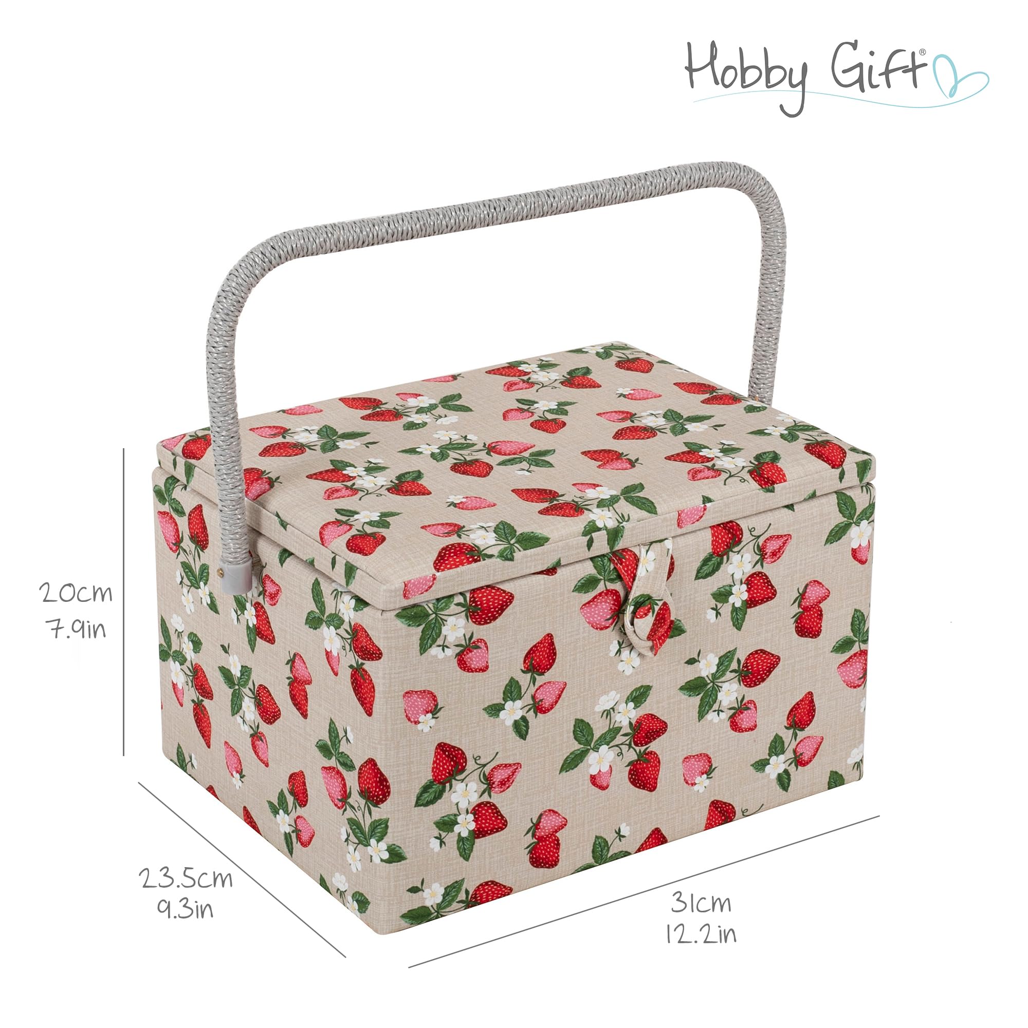 Hobby Gift Nähkästchen Groß mit Griff - Nähkorb aus Baumwolle mit Fächern für Nähzubehör & Werkzeug - Aufbewahrungsbox für Handarbeit - 23,5 x 31 x 20 cm, Erdbeeren