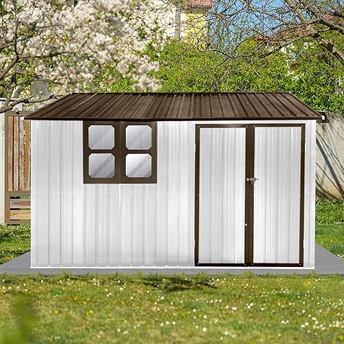 Ball & Cast 10x8 FT Sheds & Outdoor Storage,Metal Garden Shed with Window,Waterproof Cabinet Foldable House W/Lockable Doors and Roofs,for Storing Bicycles,Lawnmowers,Barbeques,White+Coffee