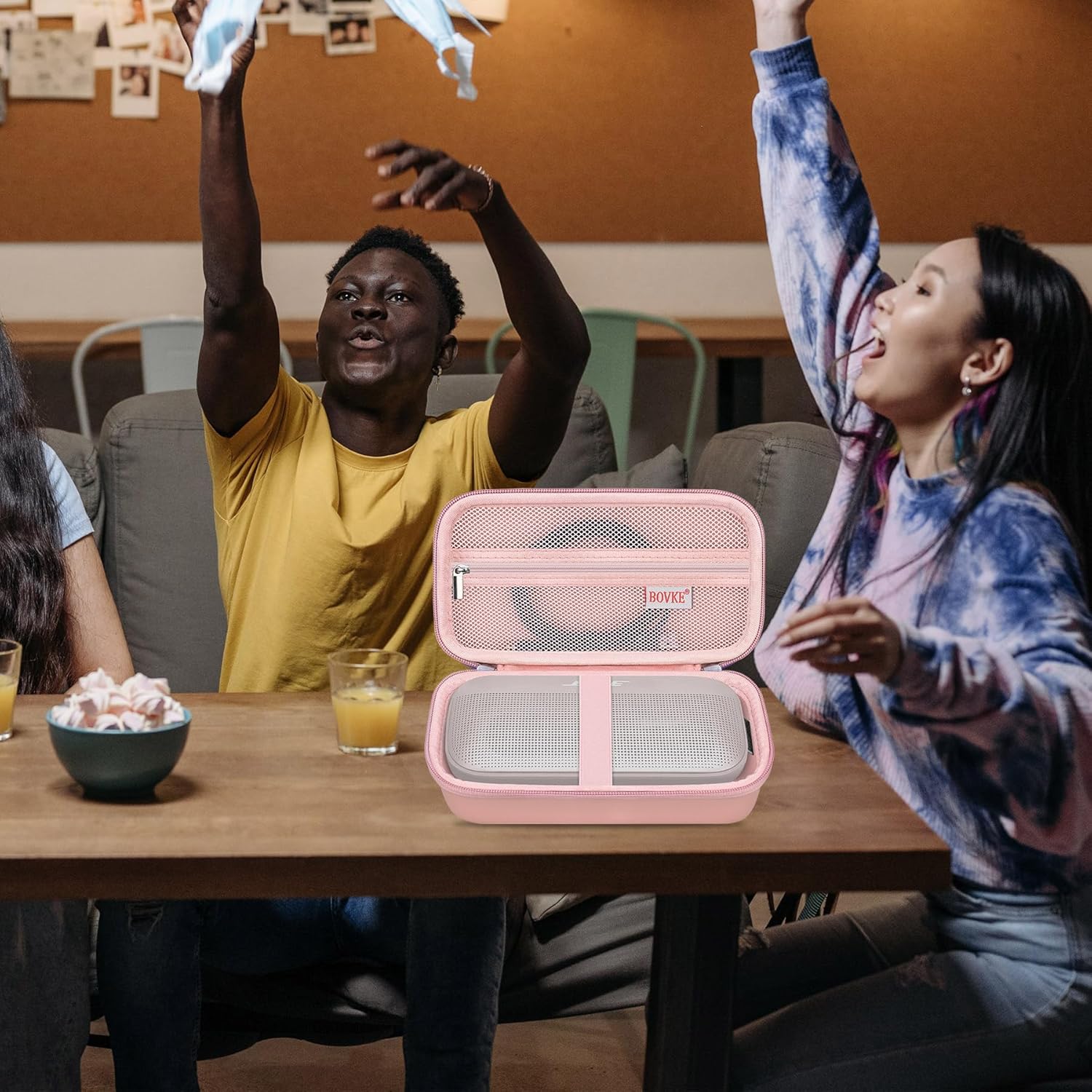 BOVKE Hard Travel Speaker Case, Extra Mesh Pocket for Cables, Rosegold (W/Shoulder Strap) - Image 7