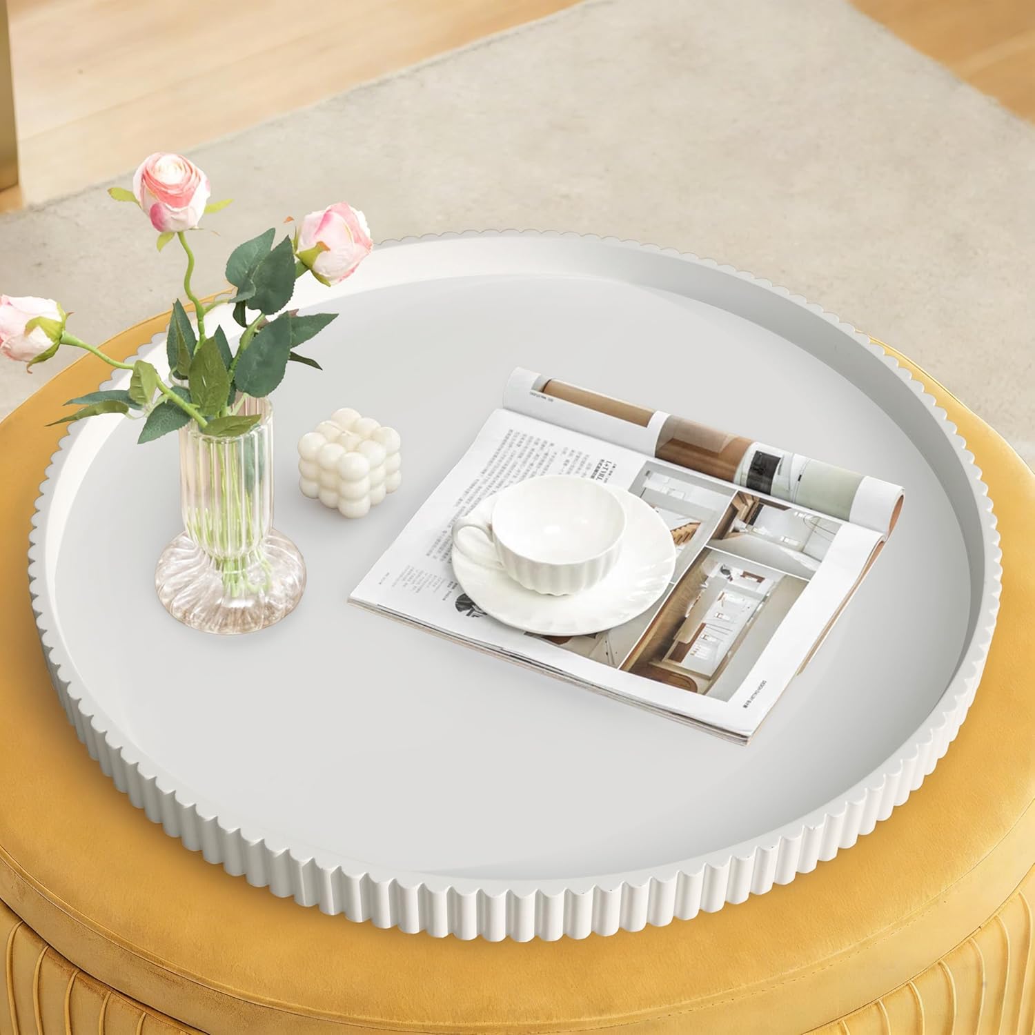 Gurfuy 24" Round Extra Large Ottoman Serving Tray - Rustic Wooden Table Tray for Farmhouse Decorative Oversized Coffee Table Trays Living Room Kitchen Counter Breakfast White
