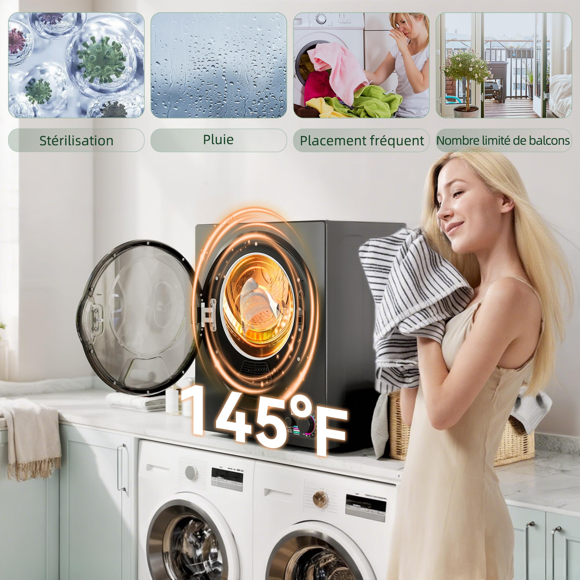 HOMCOM Sèche-linge à évacuation portable électrique 850W 2,5Kg acier inoxydable 4 modes séchage noir