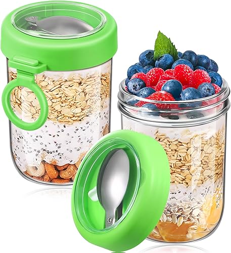RTWDKFQ Paquete de 2 recipientes de avena para la noche con tapas y cucharas, tarros de vidrio de 16 onzas, tarros de avena a prueba de fugas para