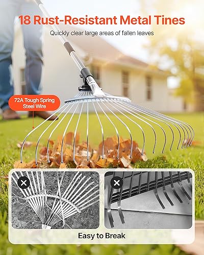 Miniatura 2 de VEVOR Rastrillo de hojas, 18 dientes de metal, rastrillo de jardín ajustable para césped con cabeza de 7.7 a 17.1 pulgadas y mango largo de 32.3 a