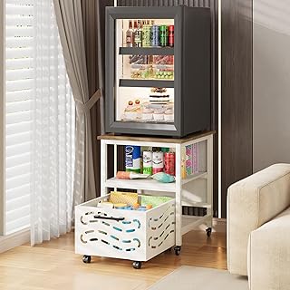 Rresyet Mini Fridge Stand with Movable Metal Drawer, 6 Universal Wheels (2 Lockable), Refrigerator Stand with Adjustable Shelves, Heavy Duty Metal Fridge Stand for Kitchen, Living Room