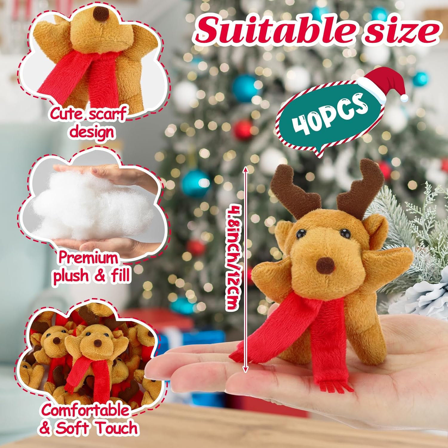 Liliful 40 Pcs 4 Inch Christmas Stuffed Animals Bulk Reindeer Deer Moose Elk Plush with Red Scarf for Christmas Party, Tree, Winter Holiday Bedroom Home Decoration, Xmas Plush Gifts