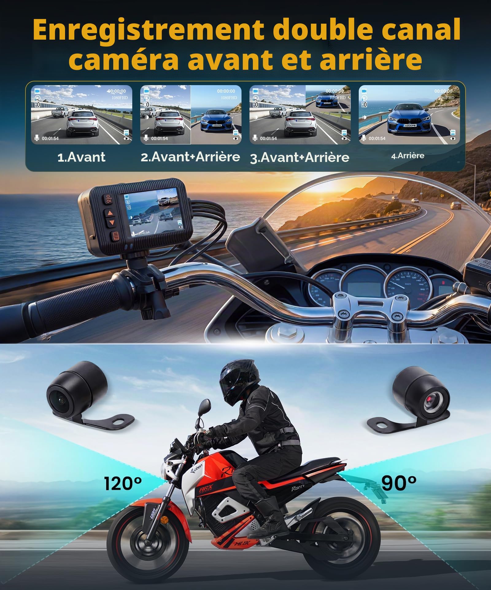 Hodozzy 2 Pouces 1080P Dashcam pour Moto, avec Vision Avant et Arrière, Etanchéité IP65, Enregistrement en Boucle, Surveillance Stationnement, Capteur G, Commande Filaire, Carte TF 32G