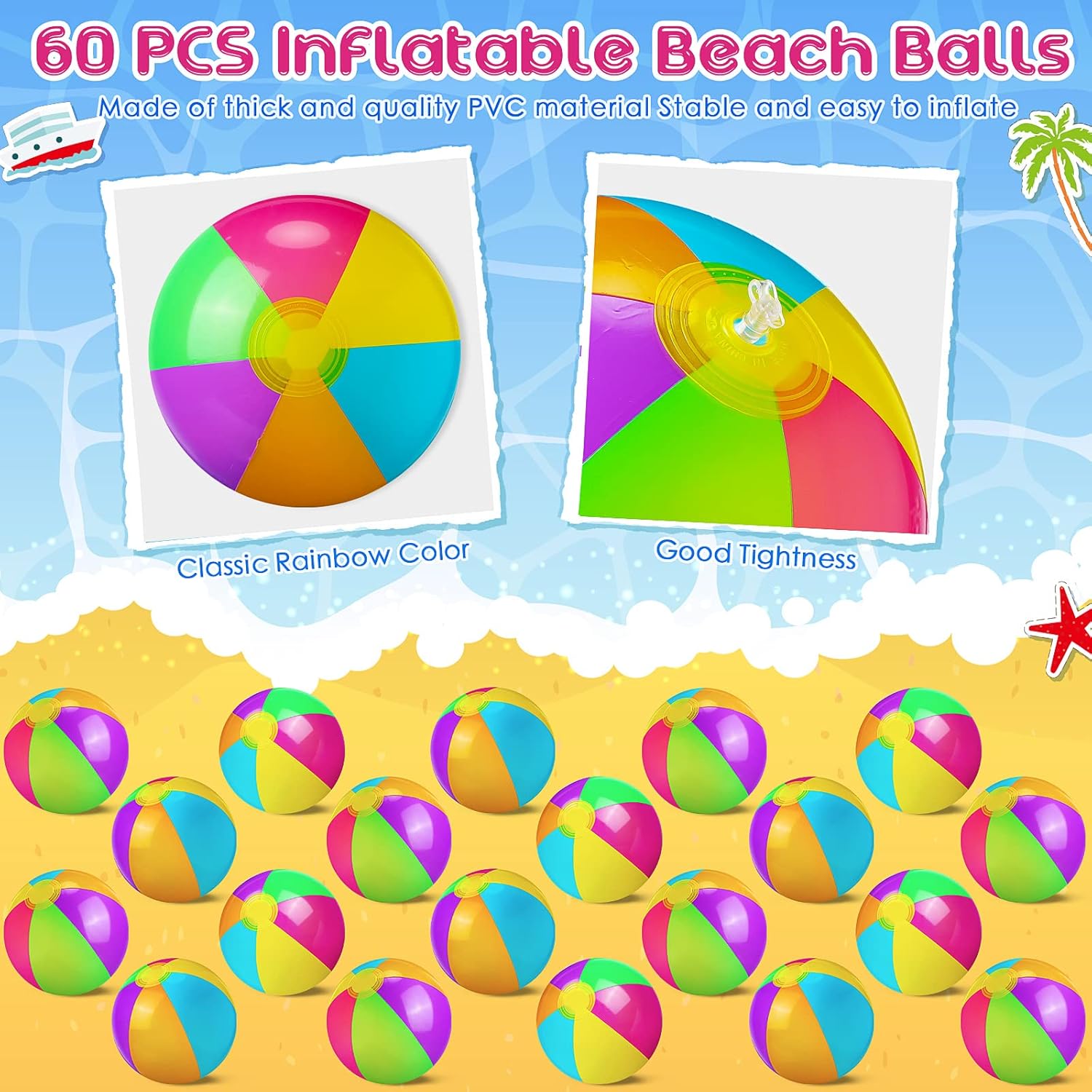 Zhanmai 60 Pack 12 Inch Inflatable Beach Balls Bulk for Party Favors for Boys and Girls Pool Beach Ball Water Game Toys Birthday Decorations(Vintage Color)