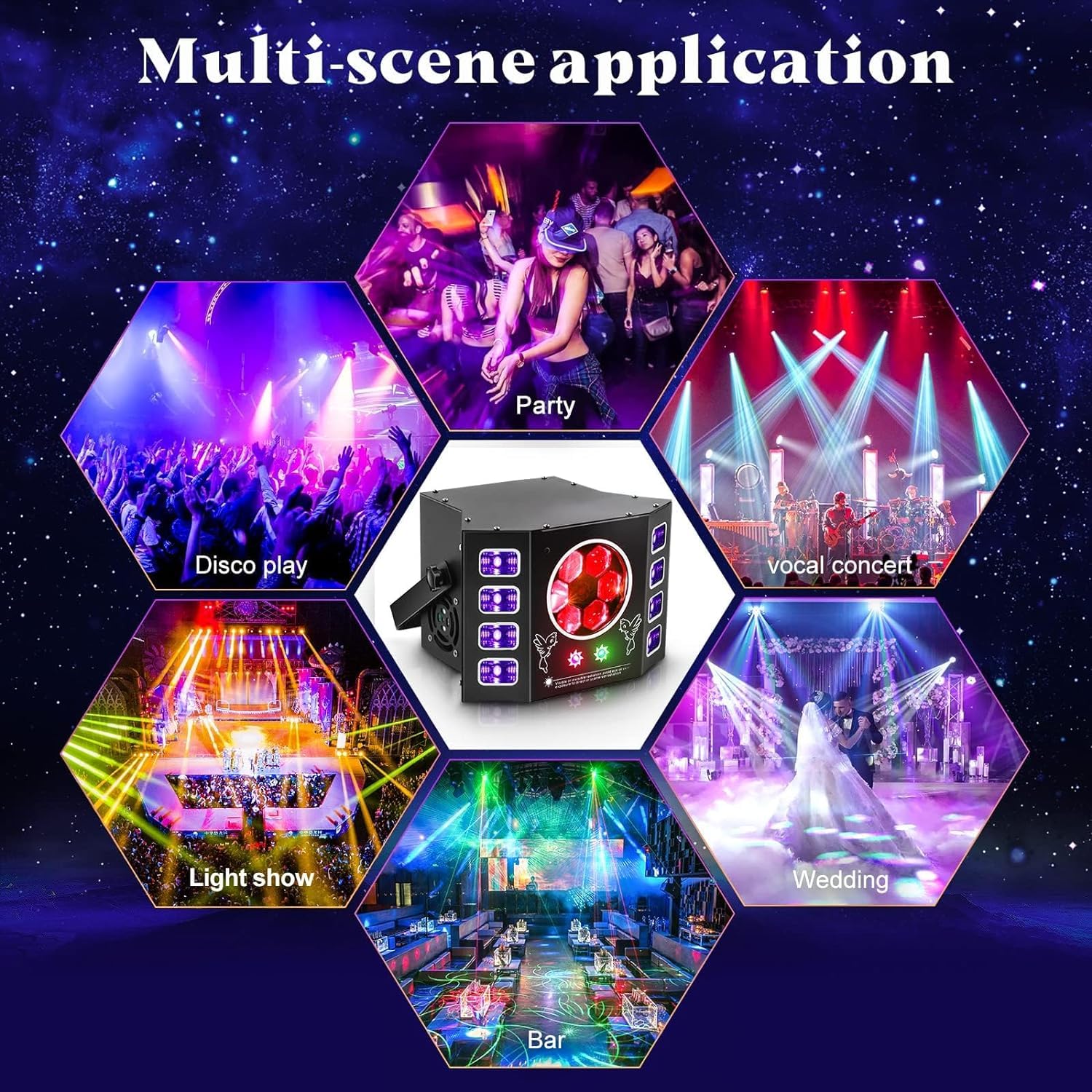 Jeu de Lumiere, lumière disco 100W, lumière de fête, œil d'abeille, lumière flash UV, 14 canaux DMX avec commande vocale, télécommande, convient pour mariage, fête d'anniversaire, Halloween