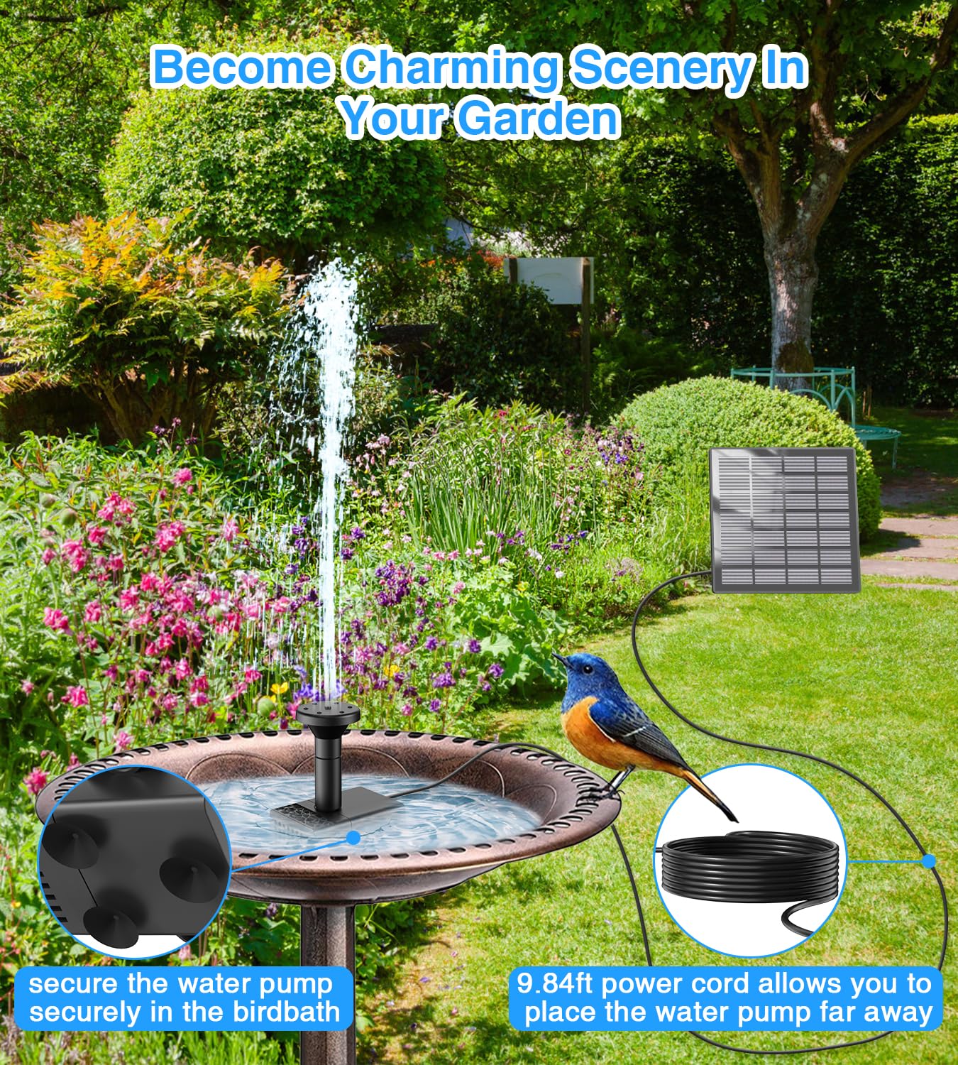 SZMP Solar Fountain Kit, 2026 Upgrade Adjustable Glass Panel Solar Powered Fountains, Outdoor Bird Bath Water Pump with Sucker, 9.84ft Cables, 10 Nozzles for Garden, Pond, Bird Bath, DIY Fountains — view 3