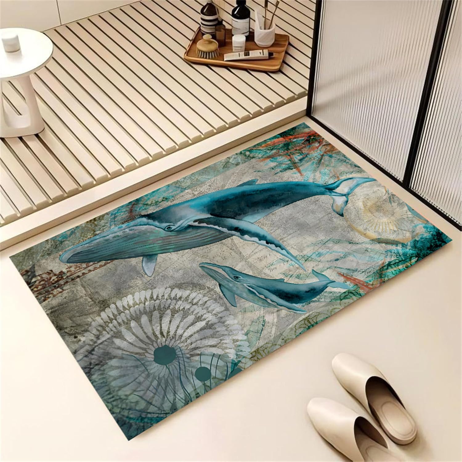 Ocean Rug，4x6ft,Blue Whale Nautical Map Area Rugs, Ocean Animal Print Rug, Retro Indoor Underwater World Non-Slip Washable Carpet for Bedroom Living Room Bathroom Kitchen