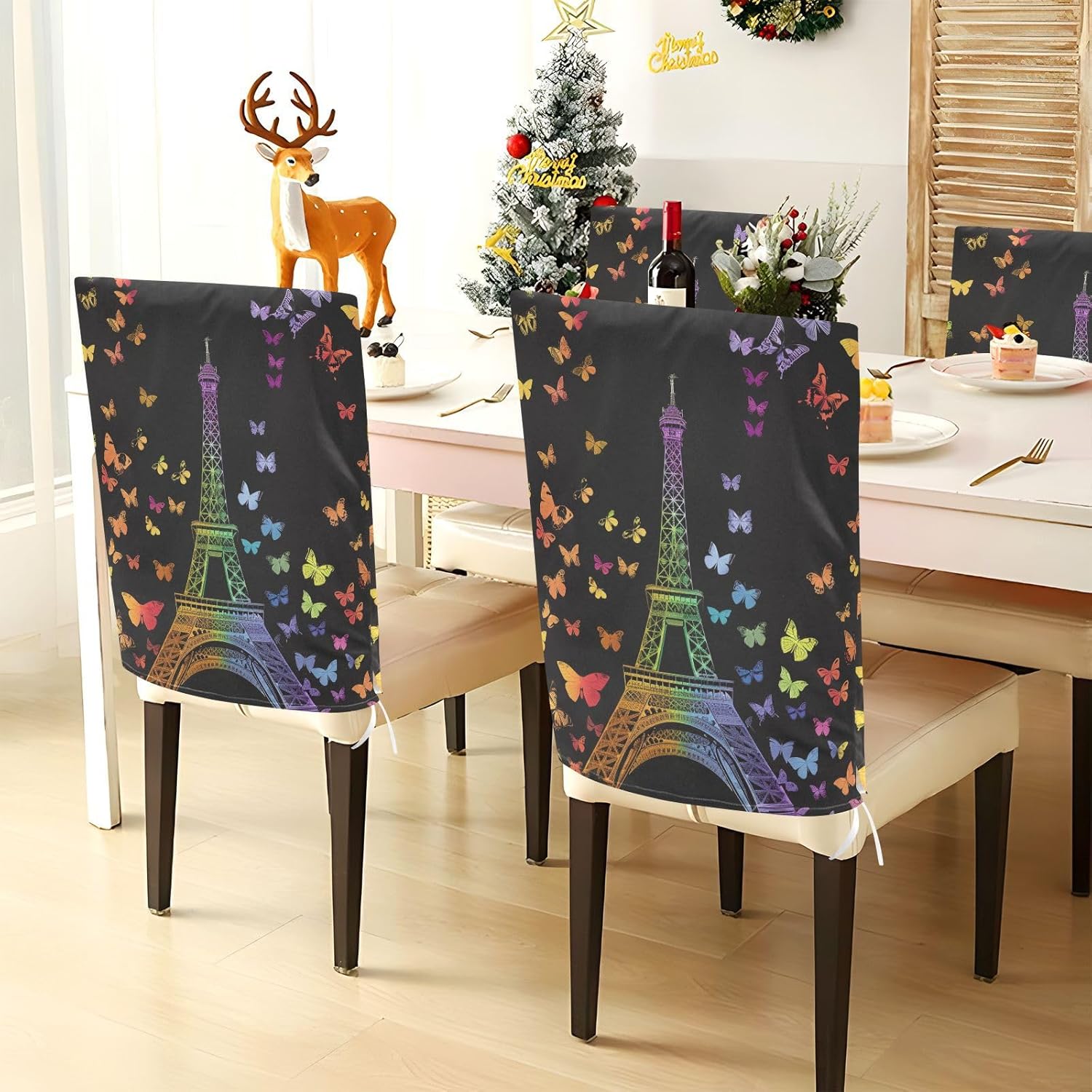 ALAZA Eiffel Tower Rainbow Butterfly Chair Back Cover Set of 6, Washable Reusable Removable Chair Slipcovers Decorative Chair Cover for Home Kitchen Wedding Party