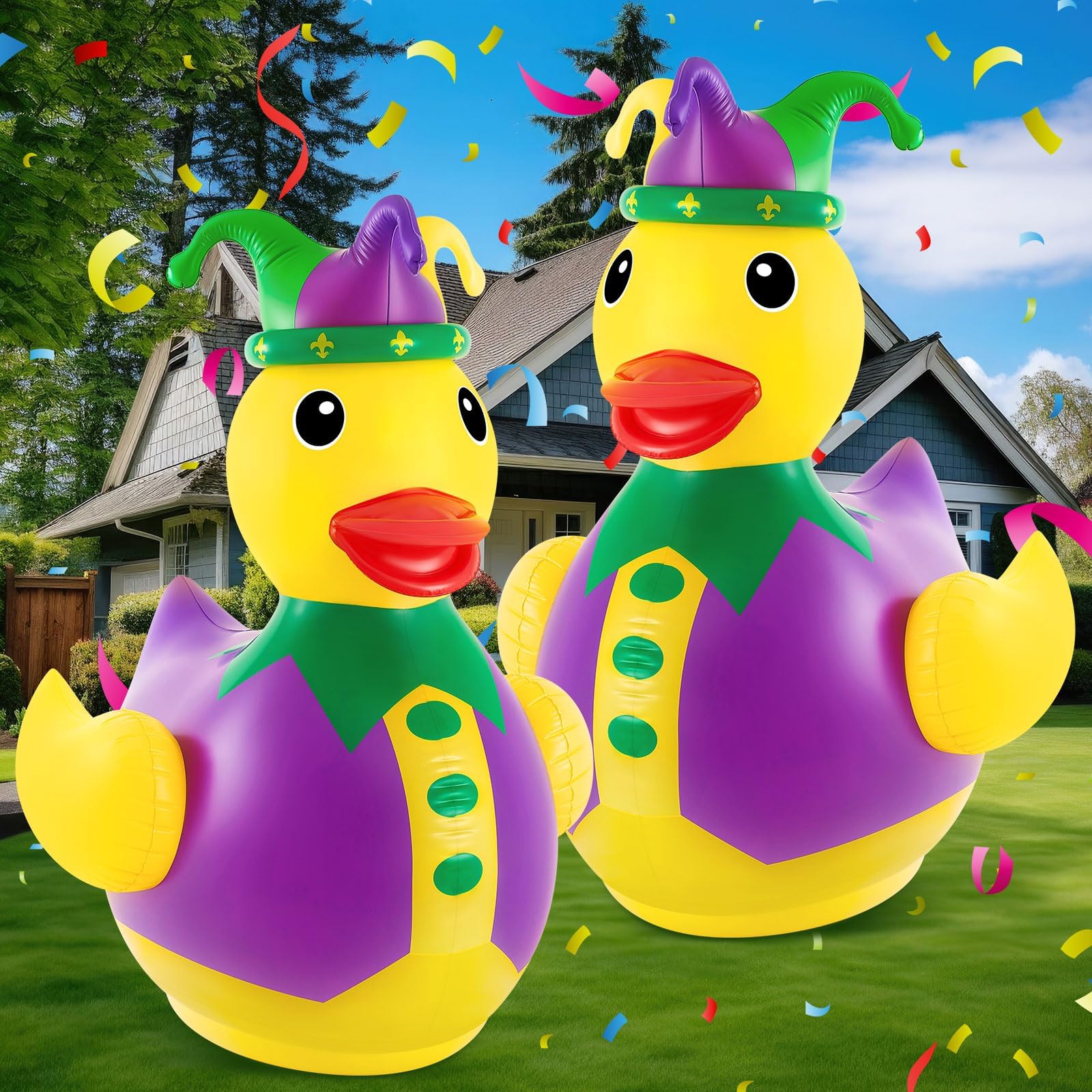 Hungdao 2 Pcs 4 ft PVC Mardi Gras Inflatable Duck Mardi Gras Rubber Giant Inflatable Duck for Carnival Party Decorations Outdoor Yard Decor, Air Pump Not Included