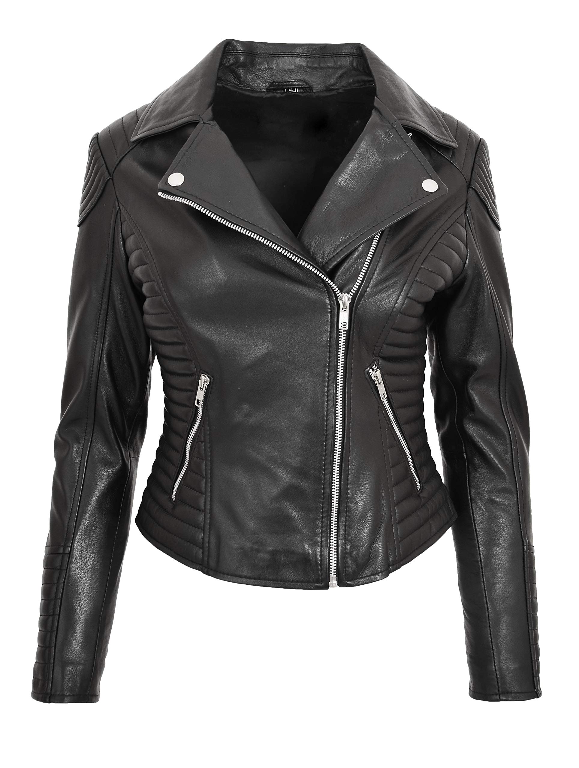 Womens Real Leather Biker Jacket Cross Zip Slim Fit Style Anna (8, Black)
