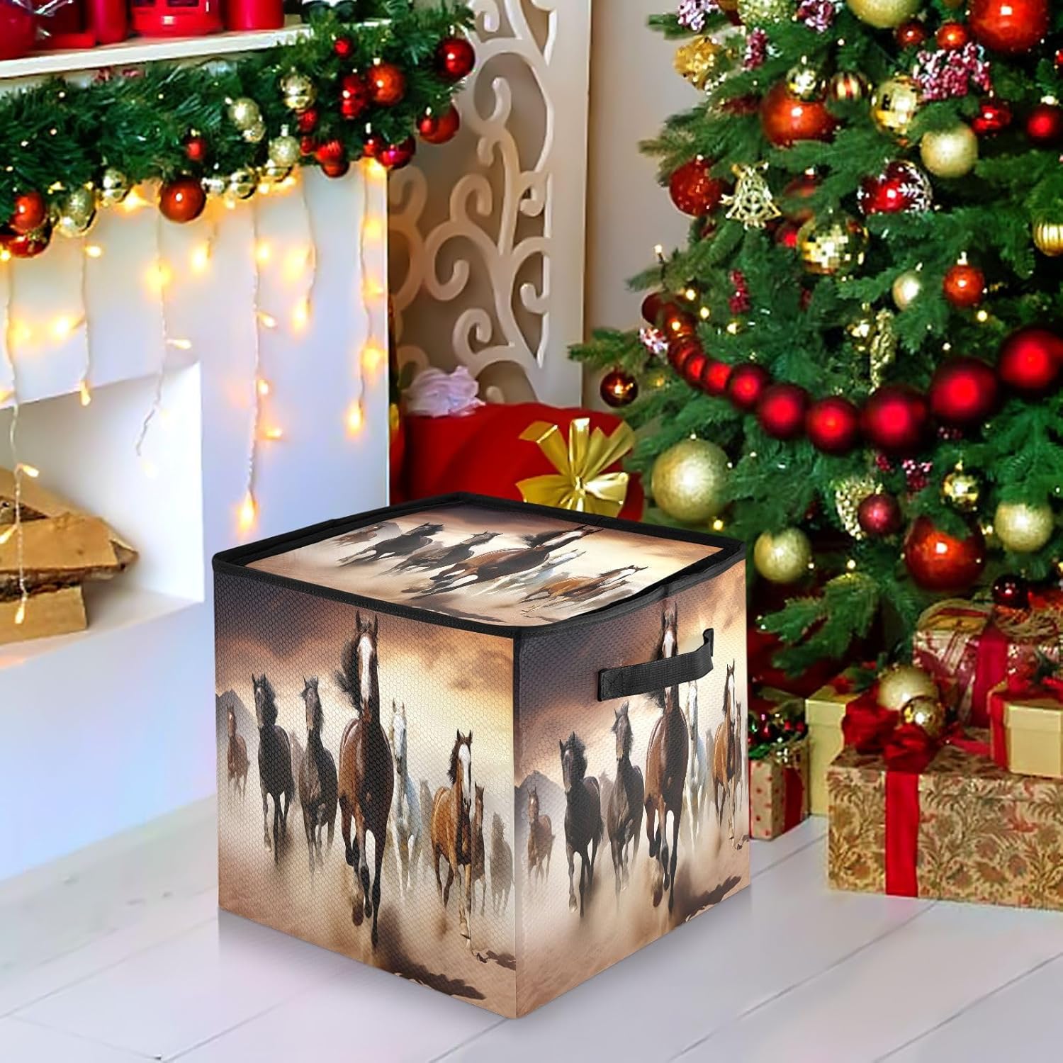 Running Horses 13 Inch Christmas Ornament Storage Box with Lid - Holiday Decor Storage Containers, Stores 64 Ornaments, 3 Inch Cube Compartments