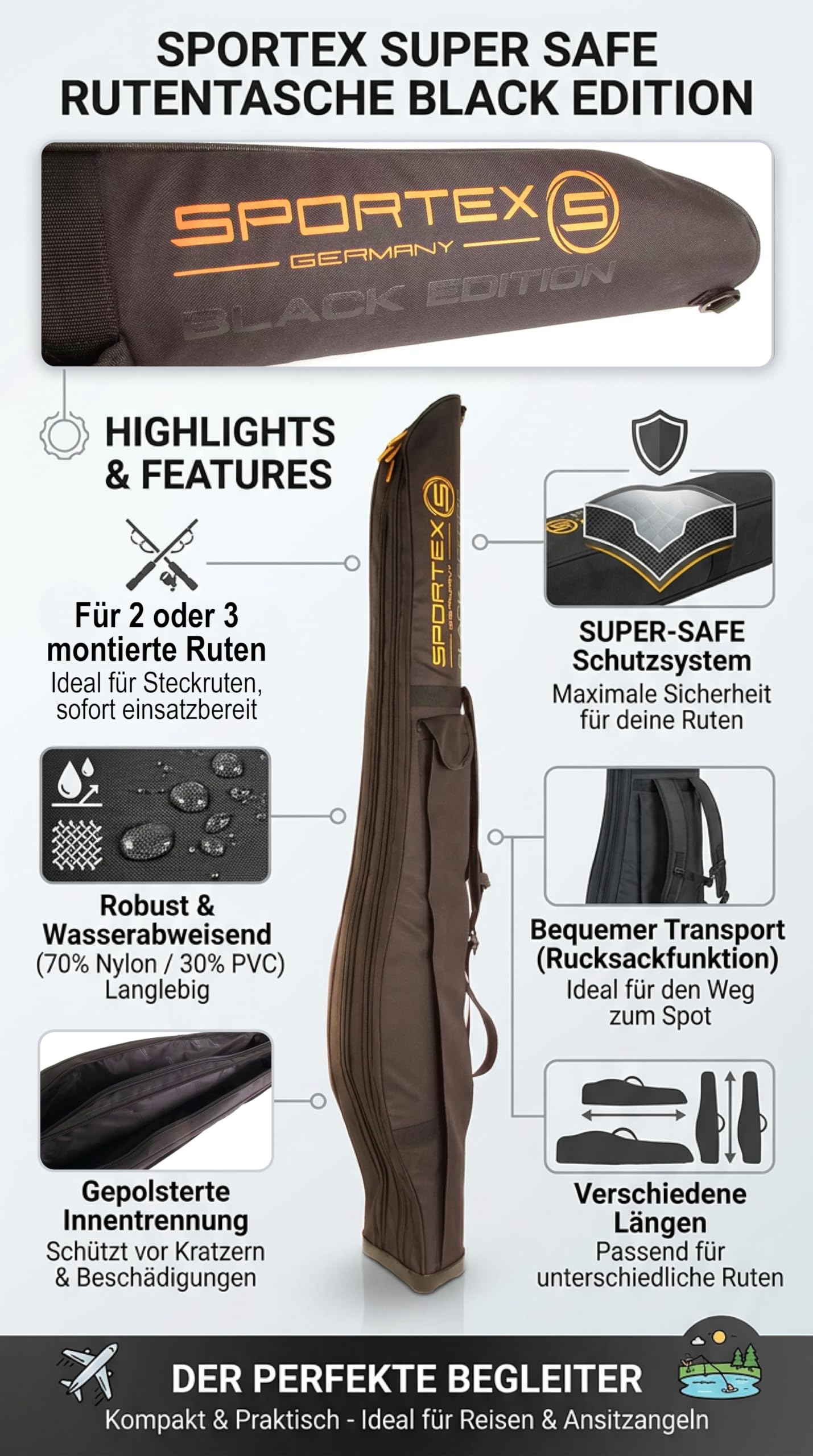 Sportex Super Safe Rutentasche Black Edition 2 oder 3 Fächer Rutenfutteral Angeltasche Rod Case für montierte Ruten Verschiedene Längen