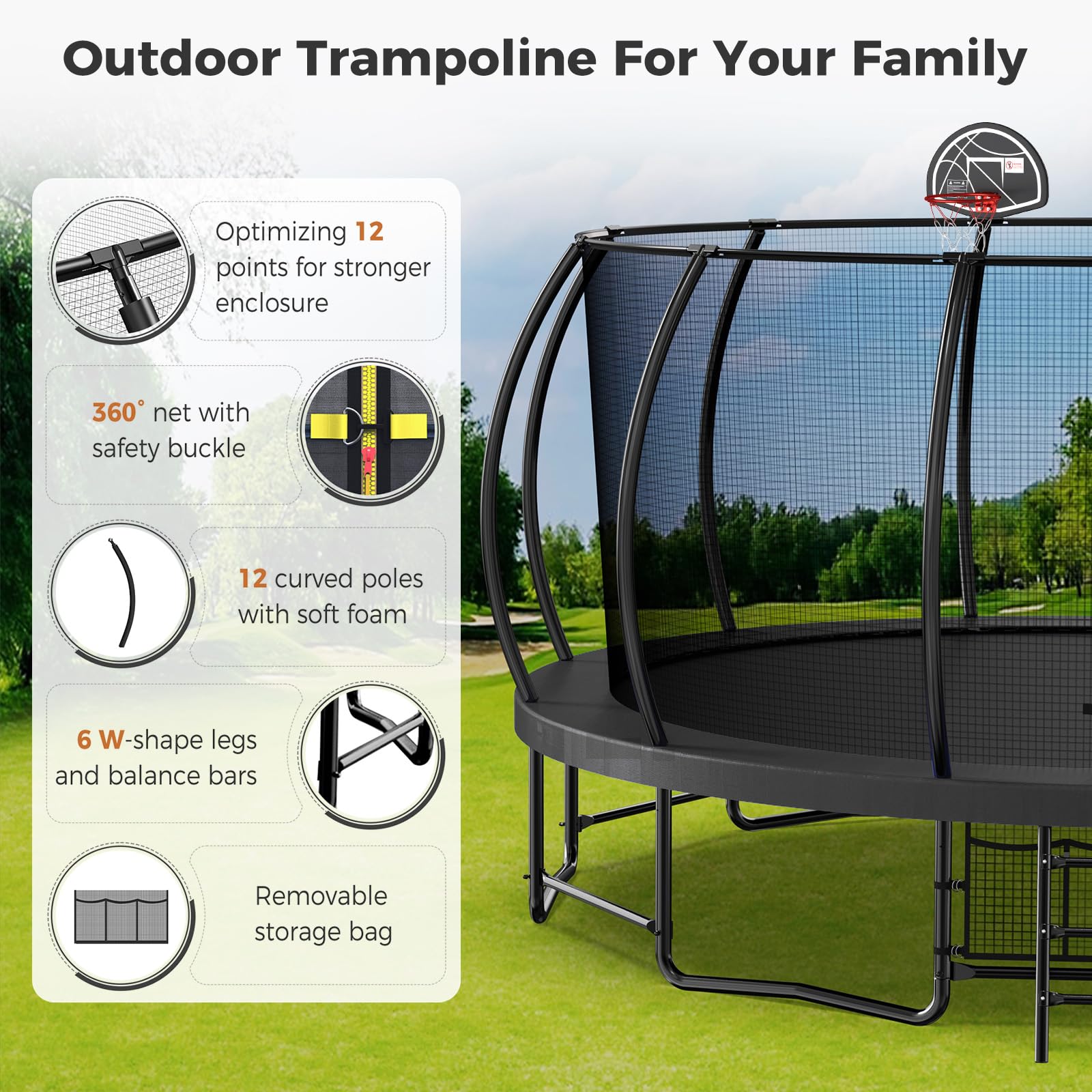 Tatub 16FT Upgrade Trampoline for Kids and Adults, Outdoor Recreational Trampolines with Basketball Hoop & Enclosure Net, Curved Poles & Storage Bag, Pumpkin Trampoline Capacity for 6-8, Black