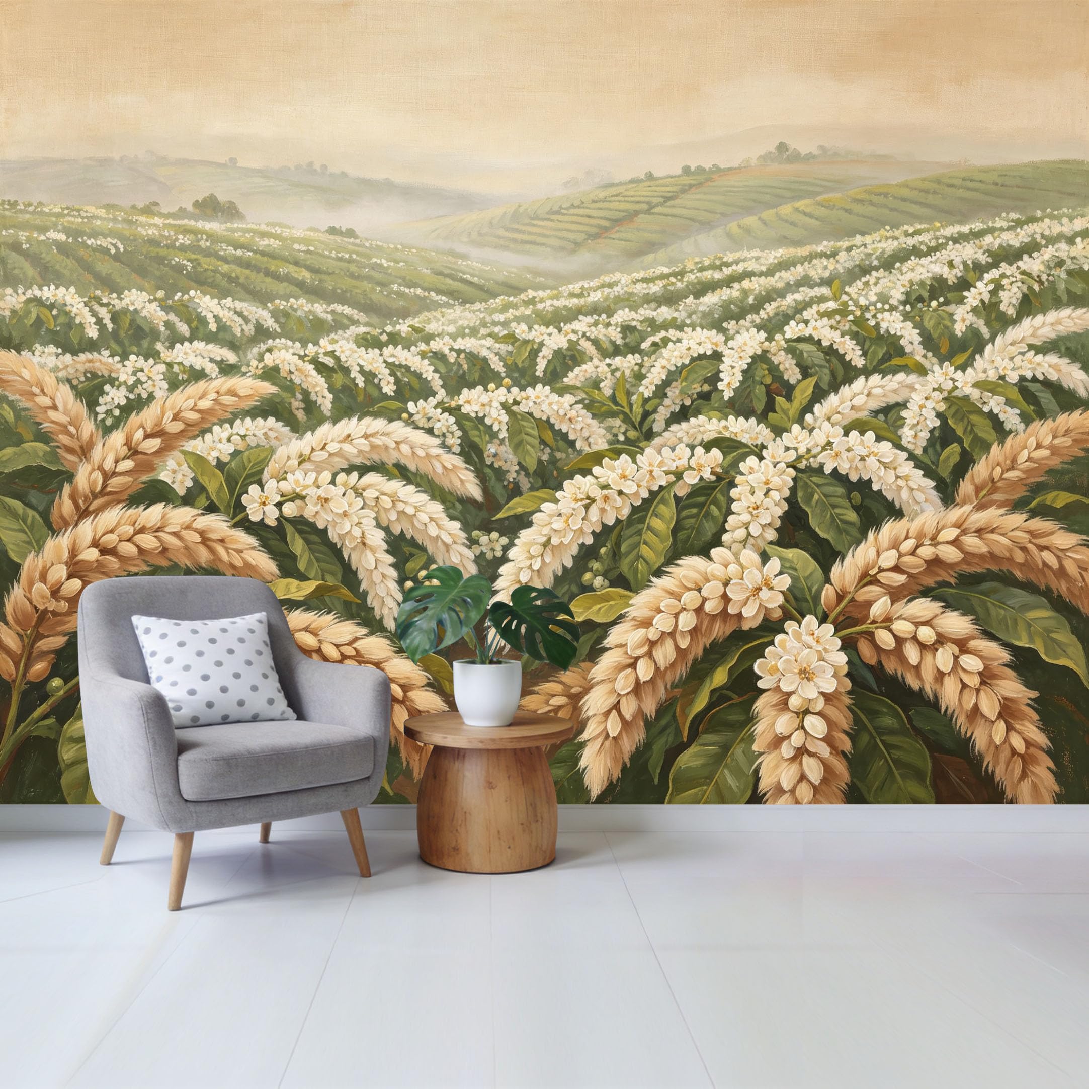 Qzlithotic Yq2605251117 Custom Size Wall Mural White Floral Coffee Plantation Landscape Oil Painting Style Selfadhesive Wall Fabric Removable Wallpaper For Home Office Decor